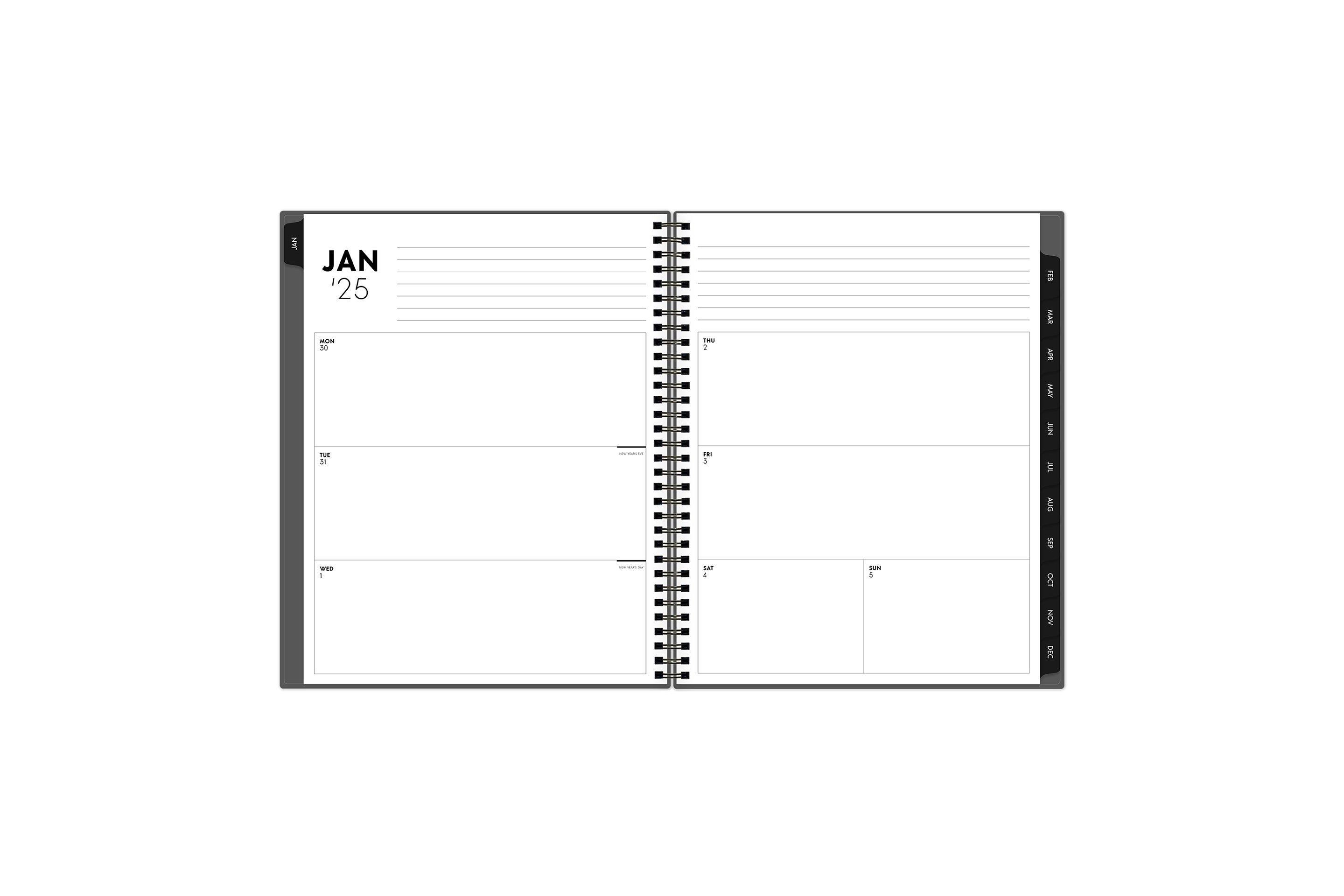 January 2025 - December 2025 weekly monthly planner in 8.5x11 size displaying a weekly spread and black monthly tabs with white month text