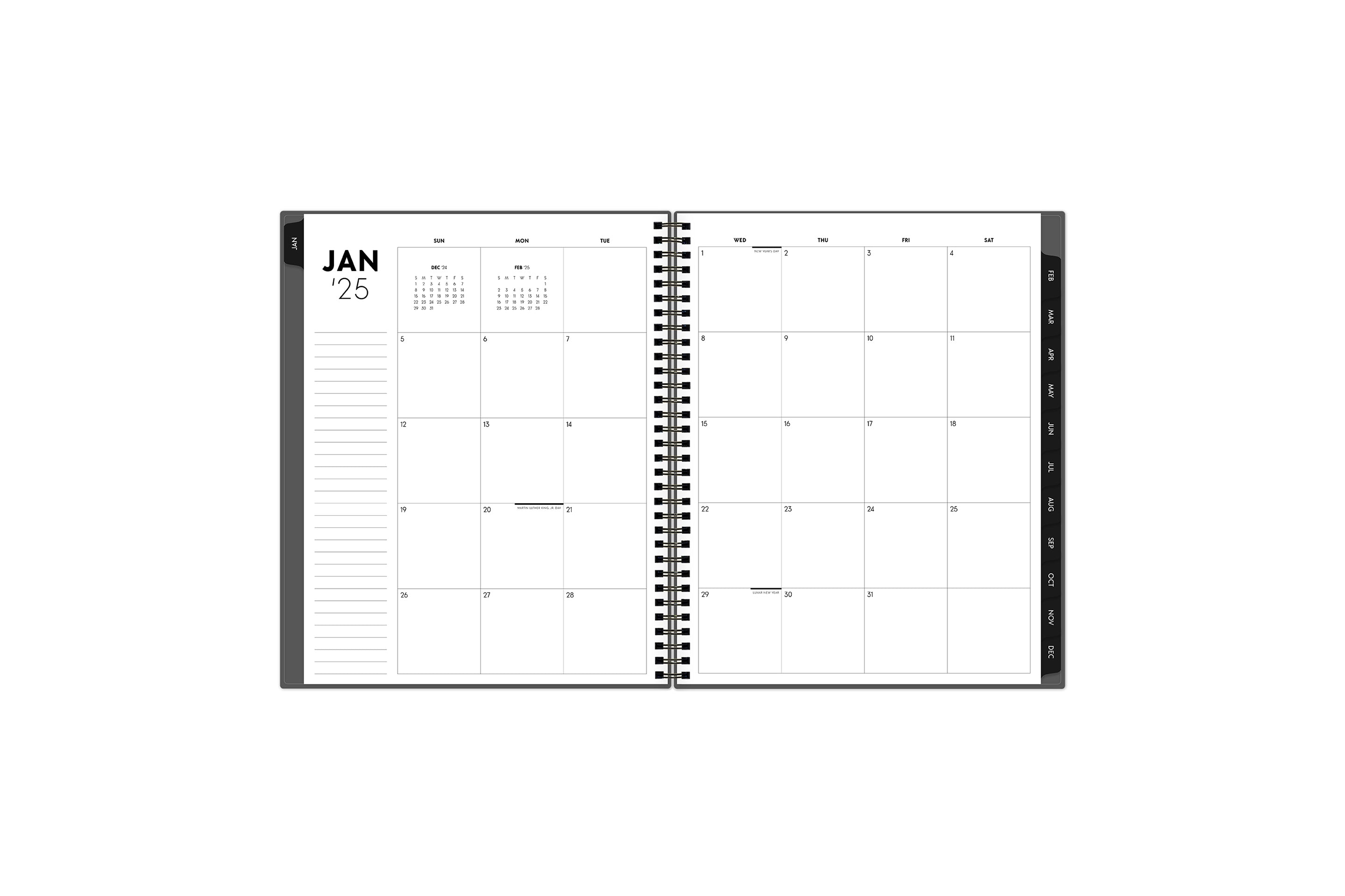 January 2025 - December 2025 weekly monthly planner in 8.5x11 size displaying a monthly spread and black monthly tabs with white month text