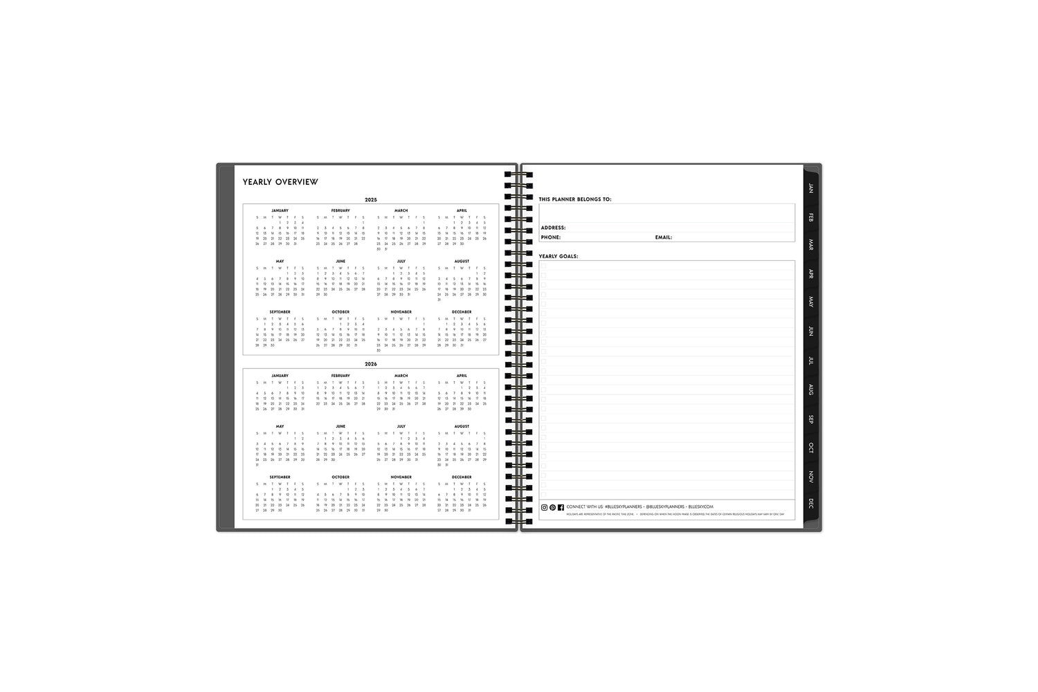 Yearly overview spread of January 2025 - December 2026. in 8.5x11 planner size