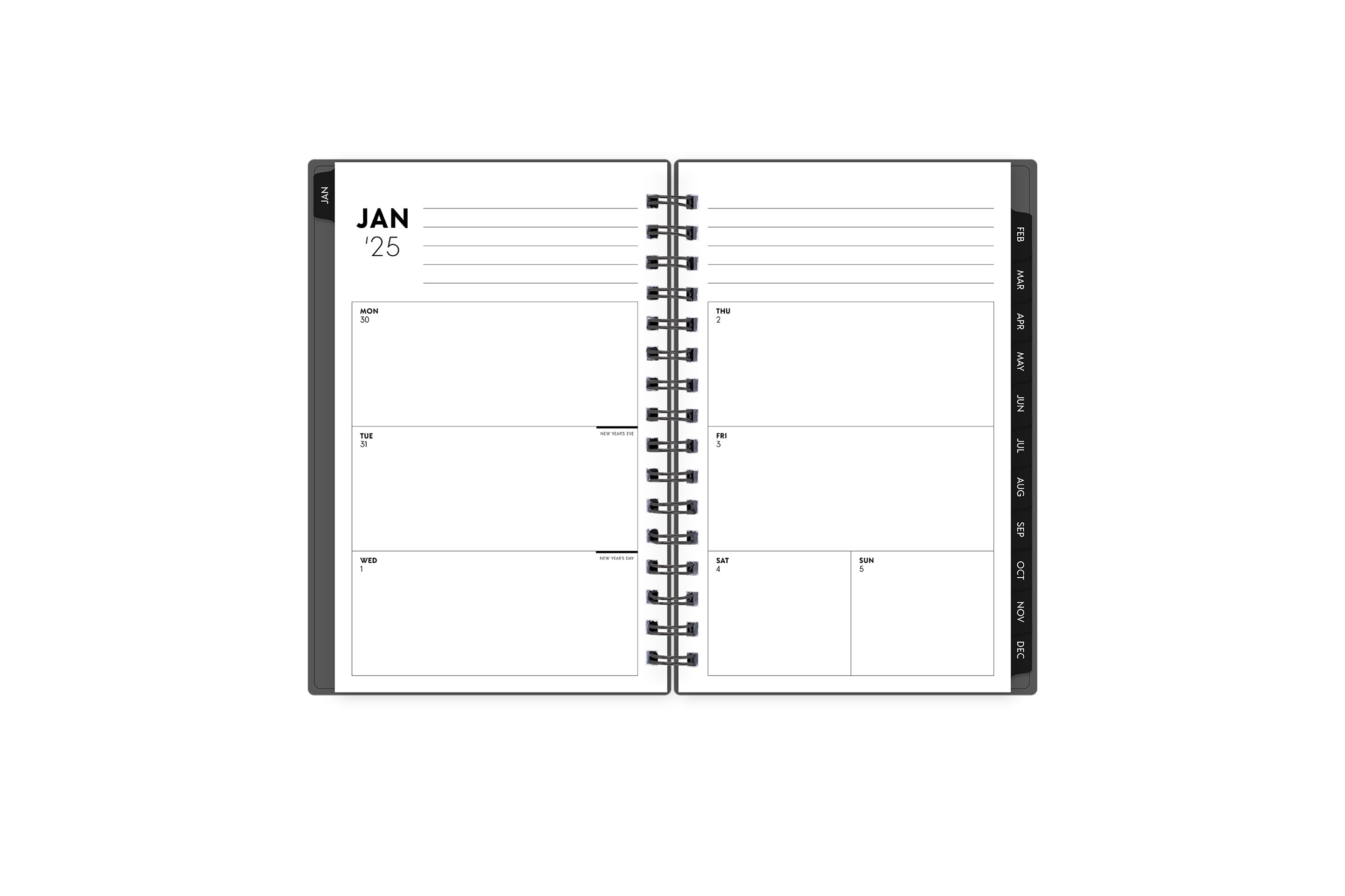 January 2025 - December 2025 weekly monthly planner in 5x8 size displaying a weekly spread and black monthly tabs with white month text