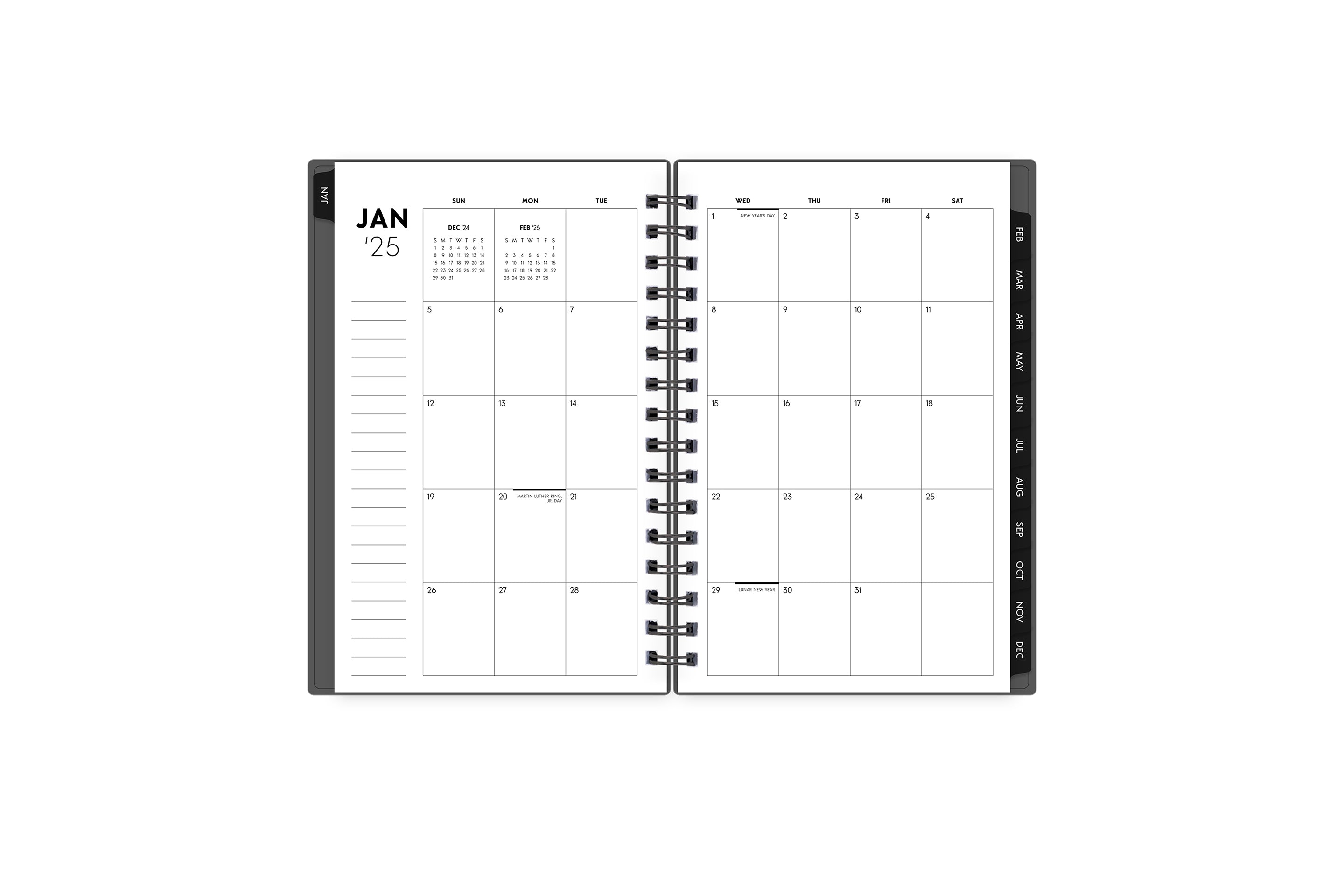 January 2025 - December 2025 weekly monthly planner in 5x8 size displaying a monthly spread and black monthly tabs with white month text