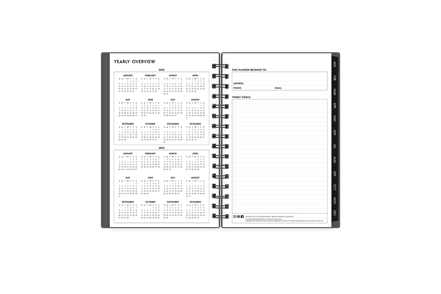 Yearly overview spread of January 2025 - December 2026. in 5x8 planner size