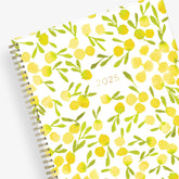 The kelly ventura 2025 weekly monthly planner for blue sky features beautiful lemons cover with gold twin wire-o binding in a 8.5x11 planner size.