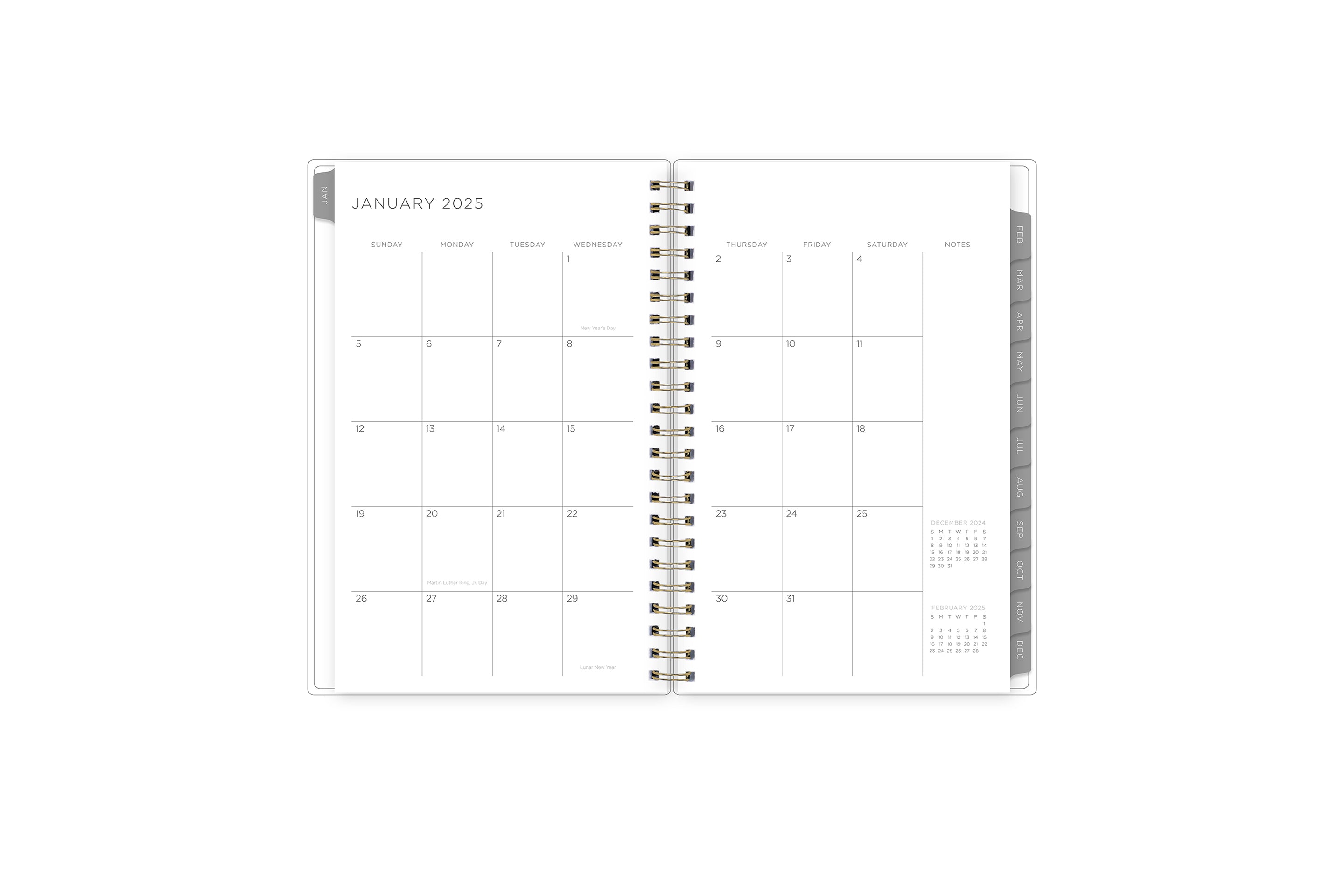 the kelly ventura 2025 weekly monthly planner features a monthly overview featuring, clean blank writing space, notes section, reference calendars, and teal monthly tabs, perfect for planning year in year out.