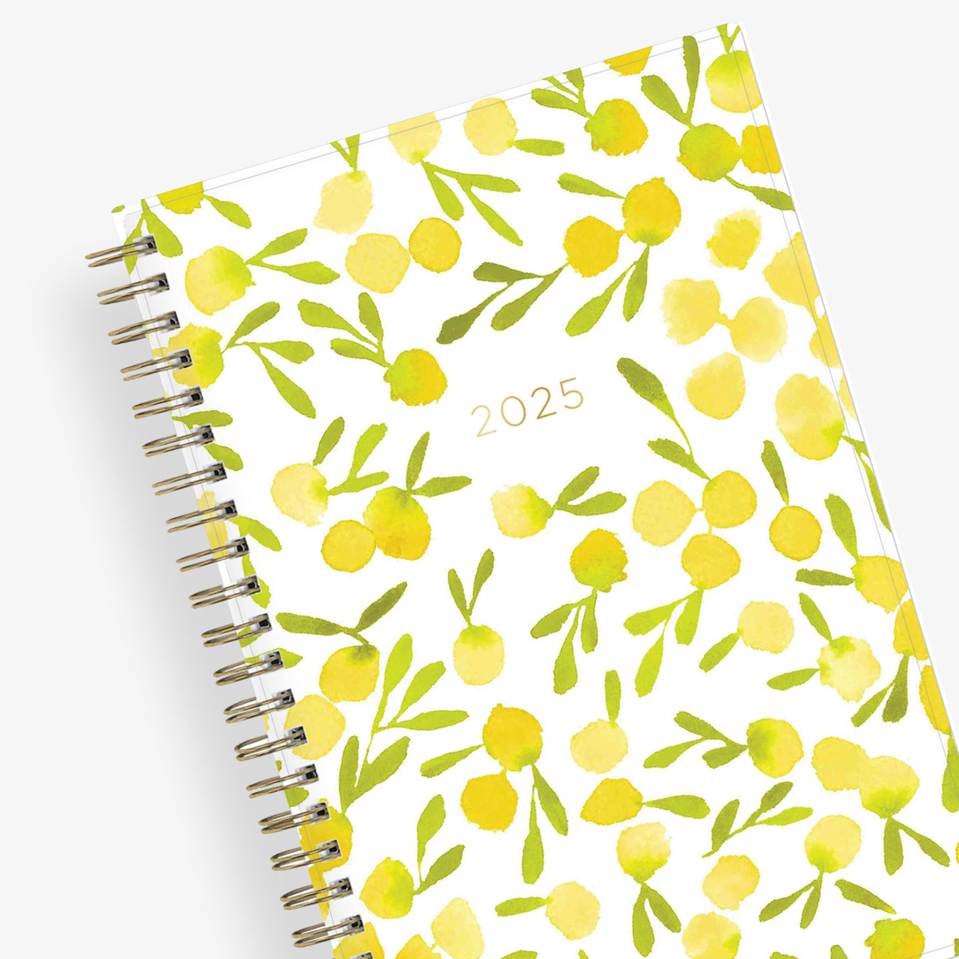 The kelly ventura 2025 weekly monthly planner for blue sky features beautiful lemons cover with gold twin wire-o binding in a 5x8 planner size.