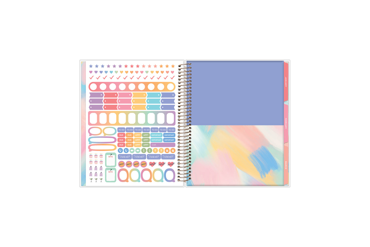 7x9 planner features a sticker sheet, double sided pocket, and monthly tabs