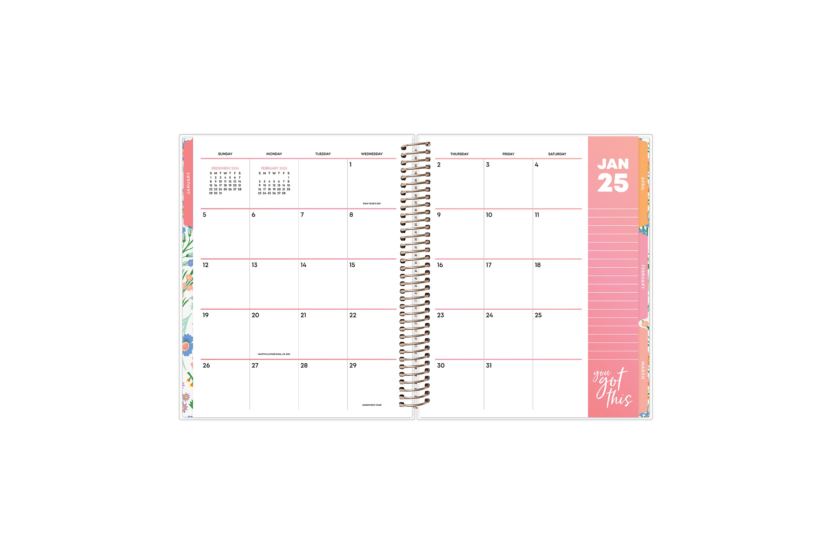 January 2025 monthly spread on this 7x9 livewell planner featuring boxes for each day, lined writing space, and reference calendars