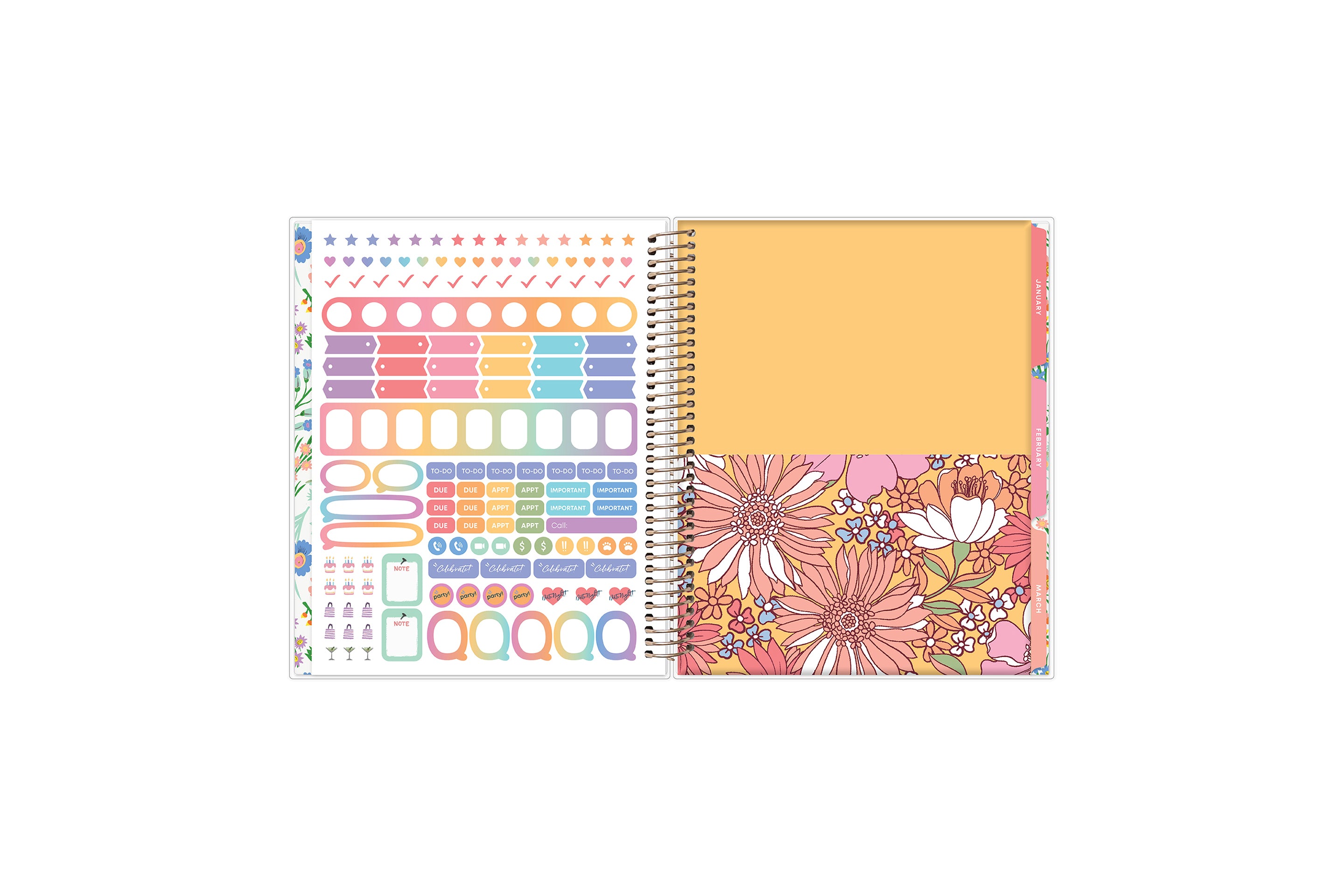 7x9 planner features a sticker sheet, double sided pocket, and monthly tabs