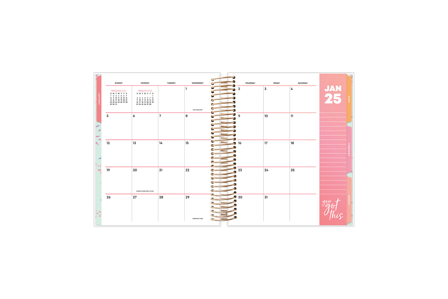 January 2025 monthly spread on this 7x9 livewell planner featuring boxes for each day, lined writing space, and reference calendars