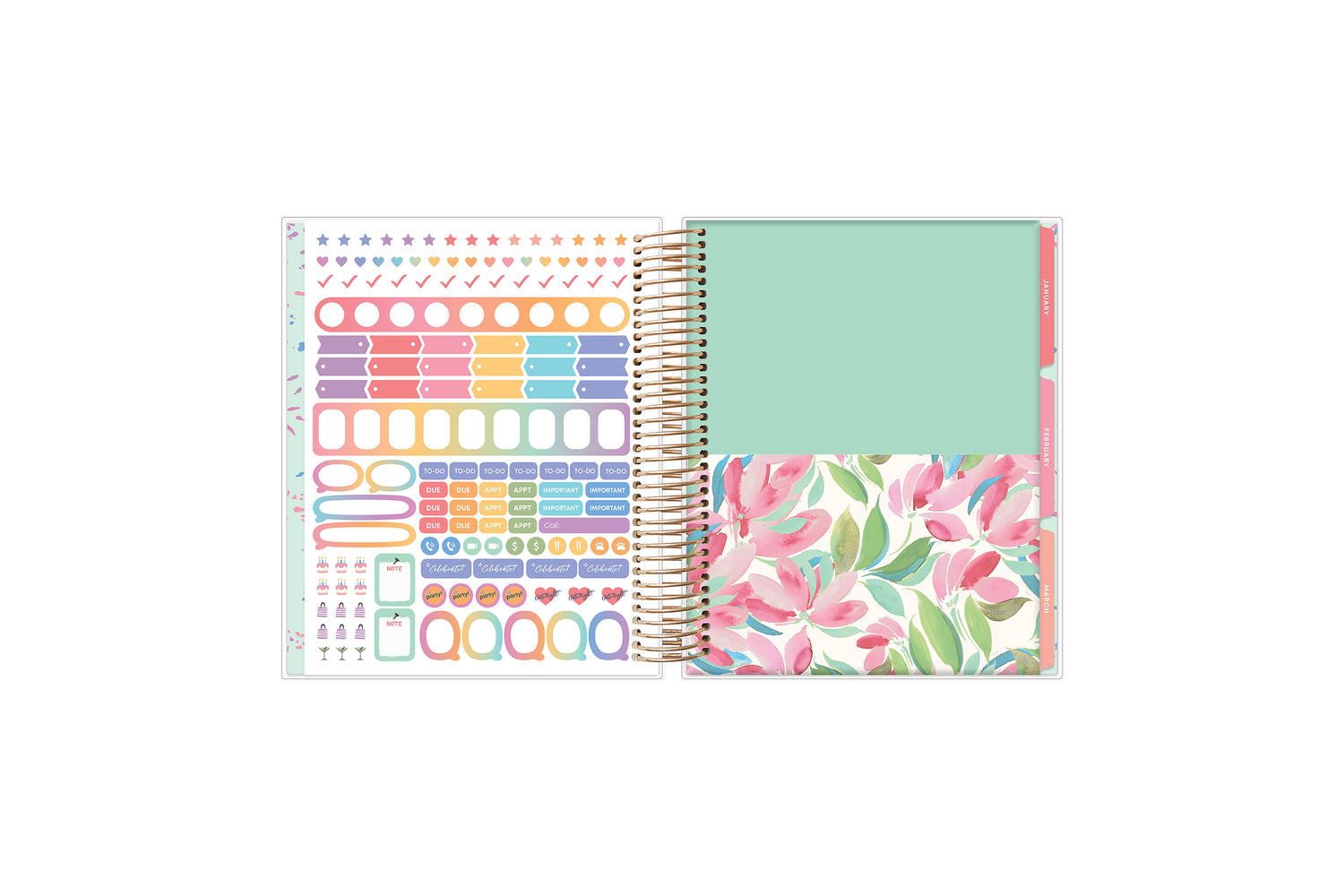 7x9 planner features a sticker sheet, double sided pocket, and monthly tabs