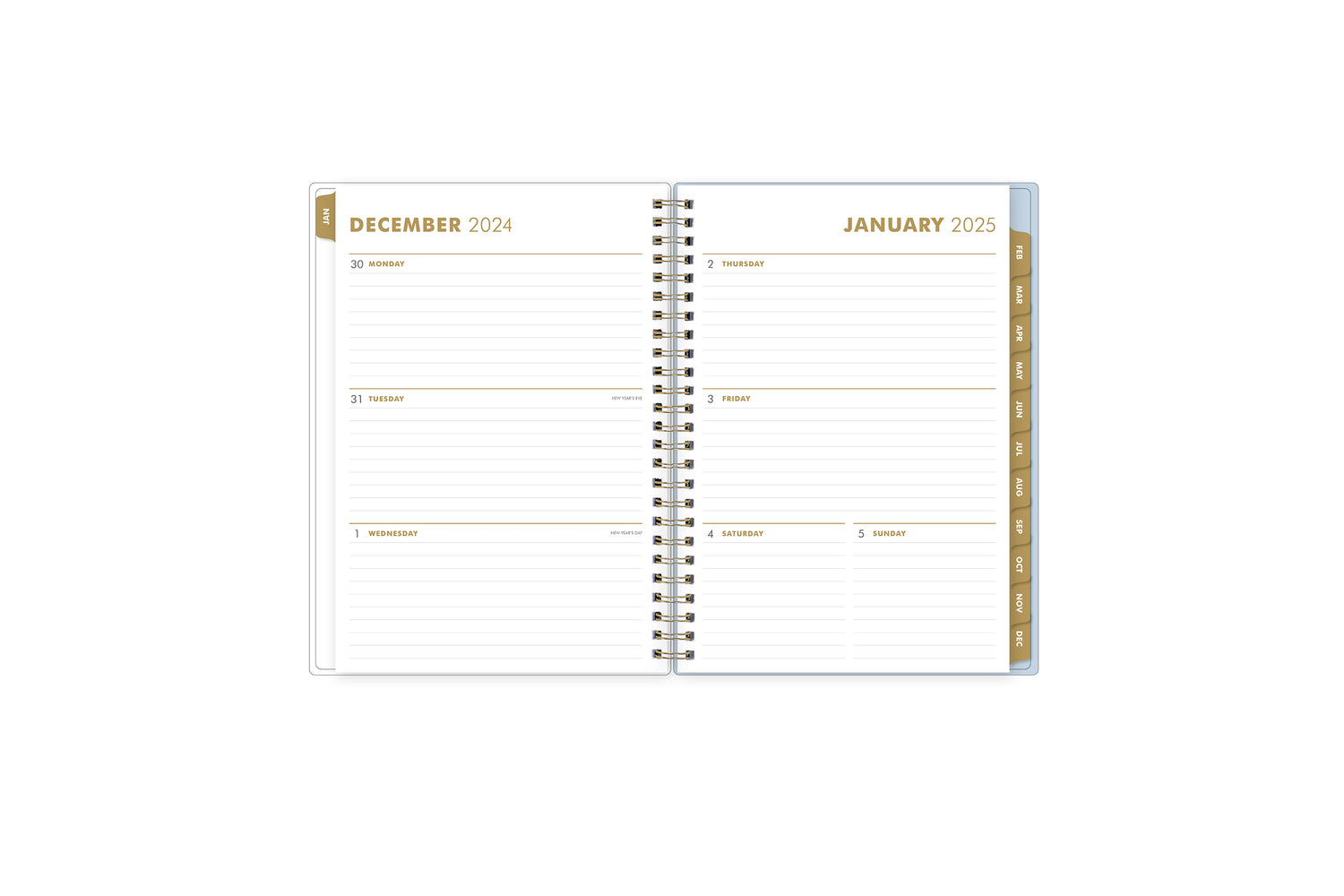 2025 planner featuring a weekly spread with lined writing space, bullet points, and monthly gold tabs with white text.
