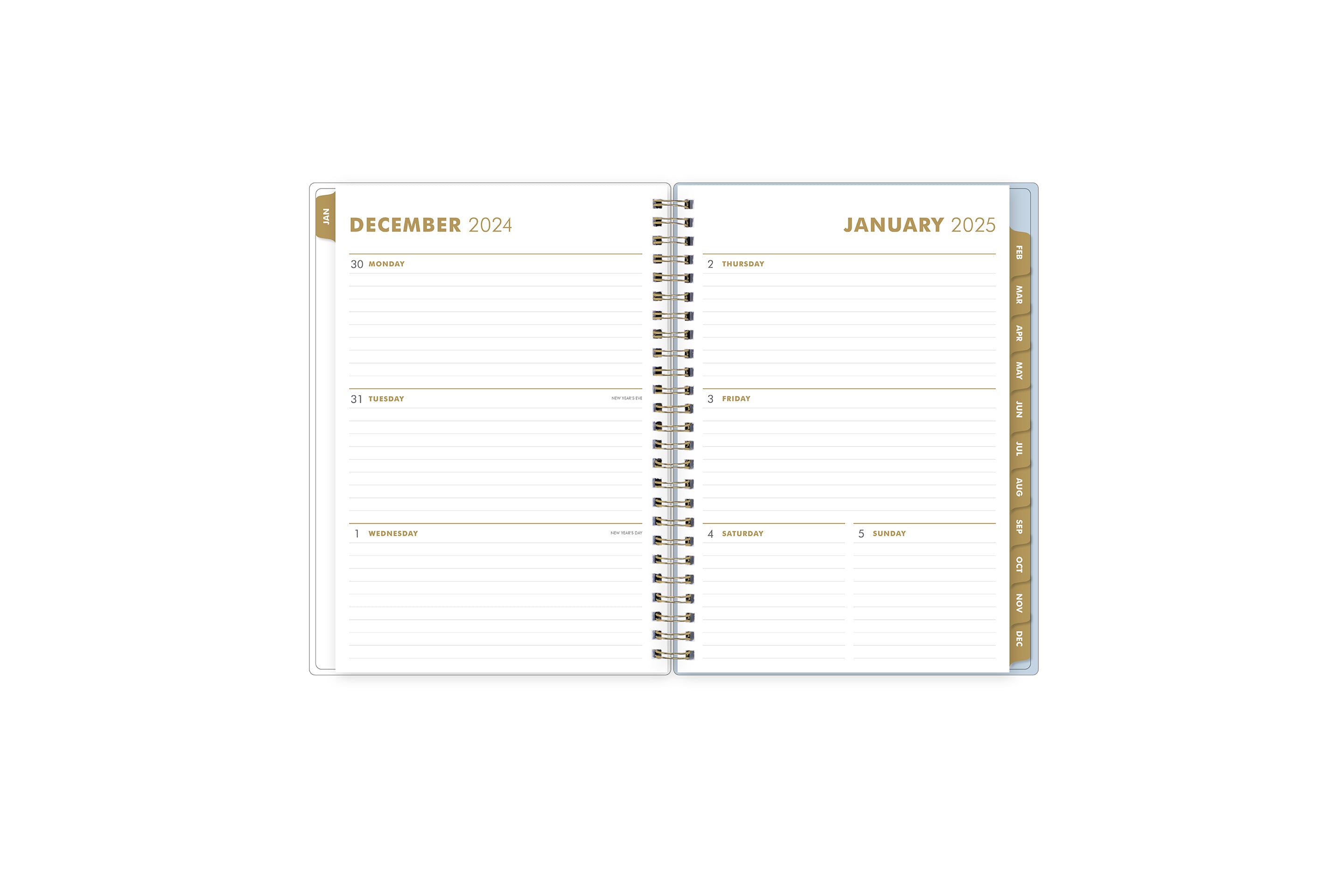 2025 planner featuring a weekly spread with lined writing space, bullet points, and monthly gold tabs with white text.
