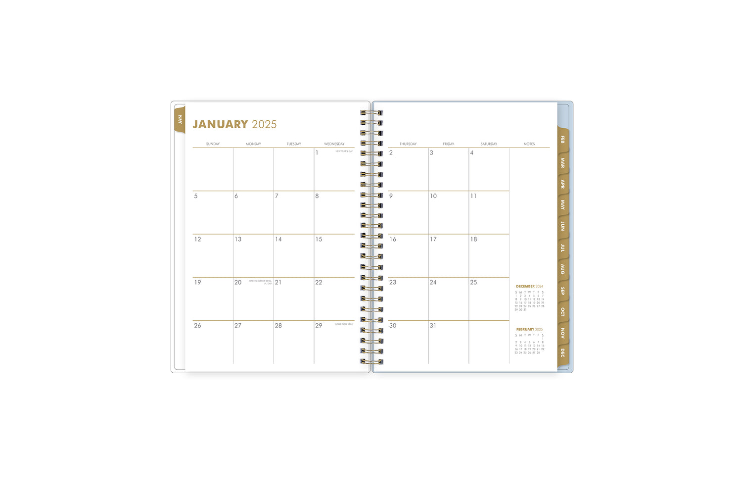 2025 planner featuring a weekly spread with blank writing space and monthly gold tabs with white text.
