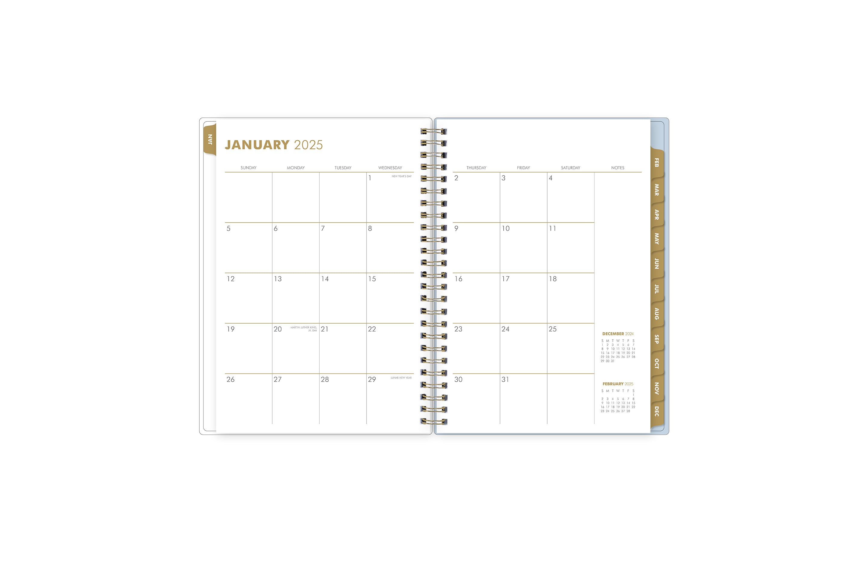 2025 planner featuring a weekly spread with blank writing space and monthly gold tabs with white text.
