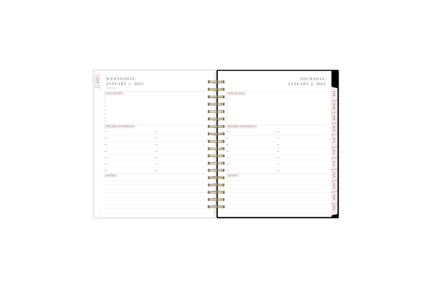 The 2025 Rach parcell planner features a daily spread view with top goals for the week, time increments, lined writing space for each day, and pink monthly tabs.