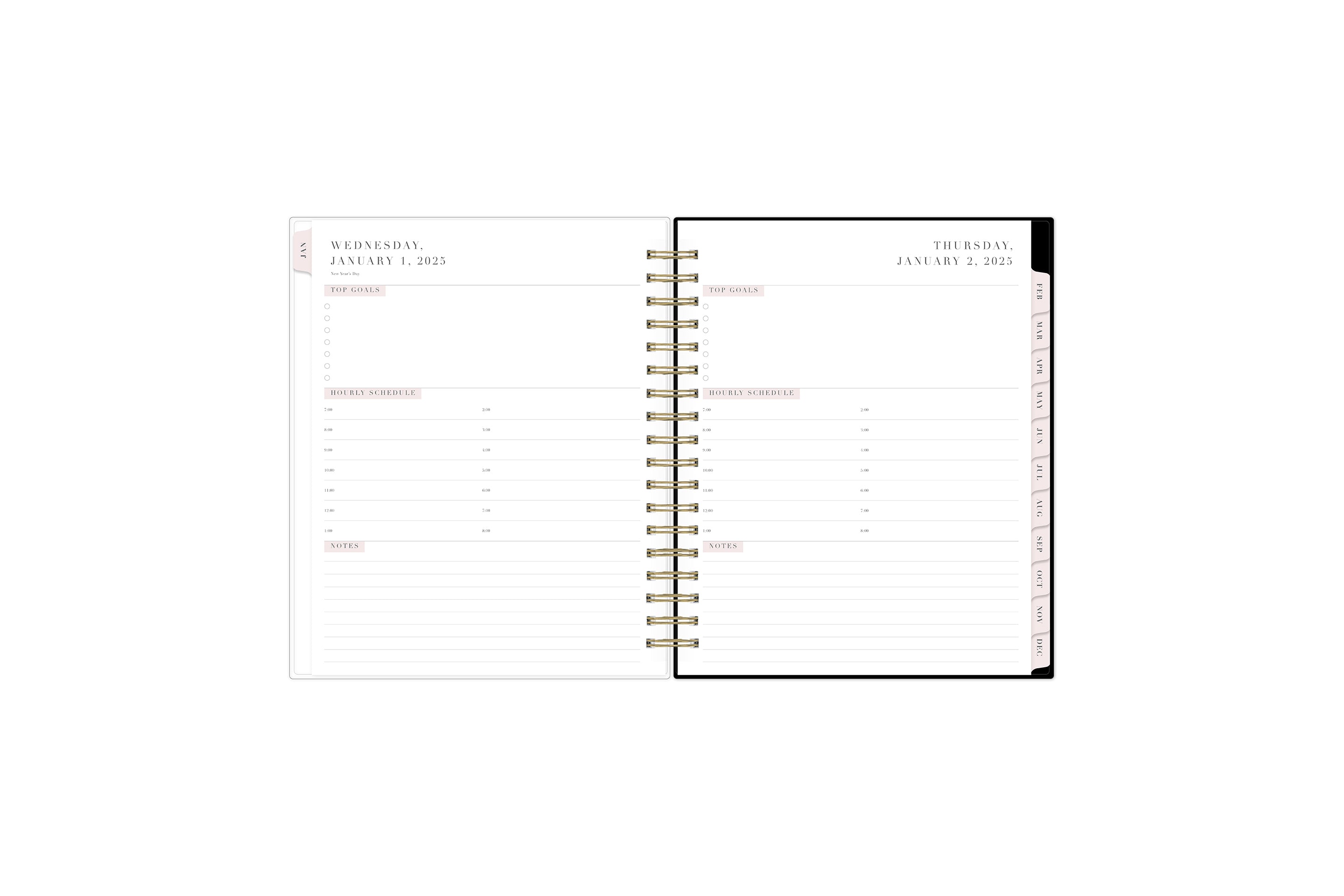 The 2025 Rach parcell planner features a daily spread view with top goals for the week, time increments, lined writing space for each day, and pink monthly tabs.