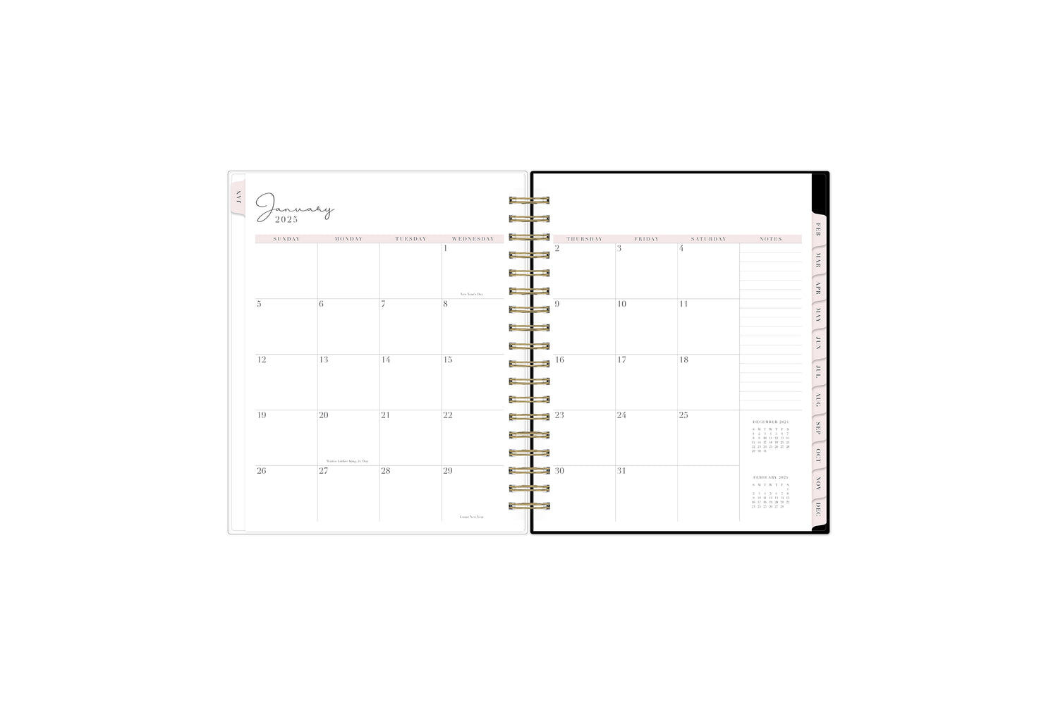 The 2025 Rach Parcell daily planner features a monthly view with ample blank white writing space, reference calendars, notes section, and soft pink monthly tabs.