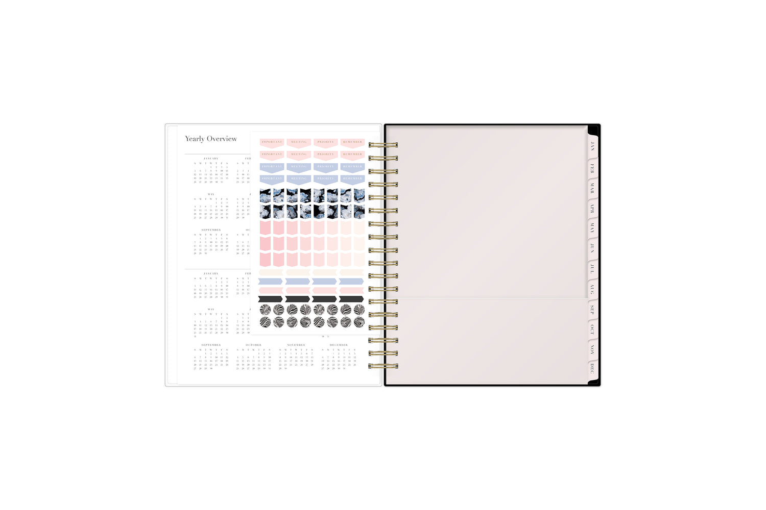 2025 daily planner sticker sheet, reference calendar and storage pocket with pink monthly tabs 7x9