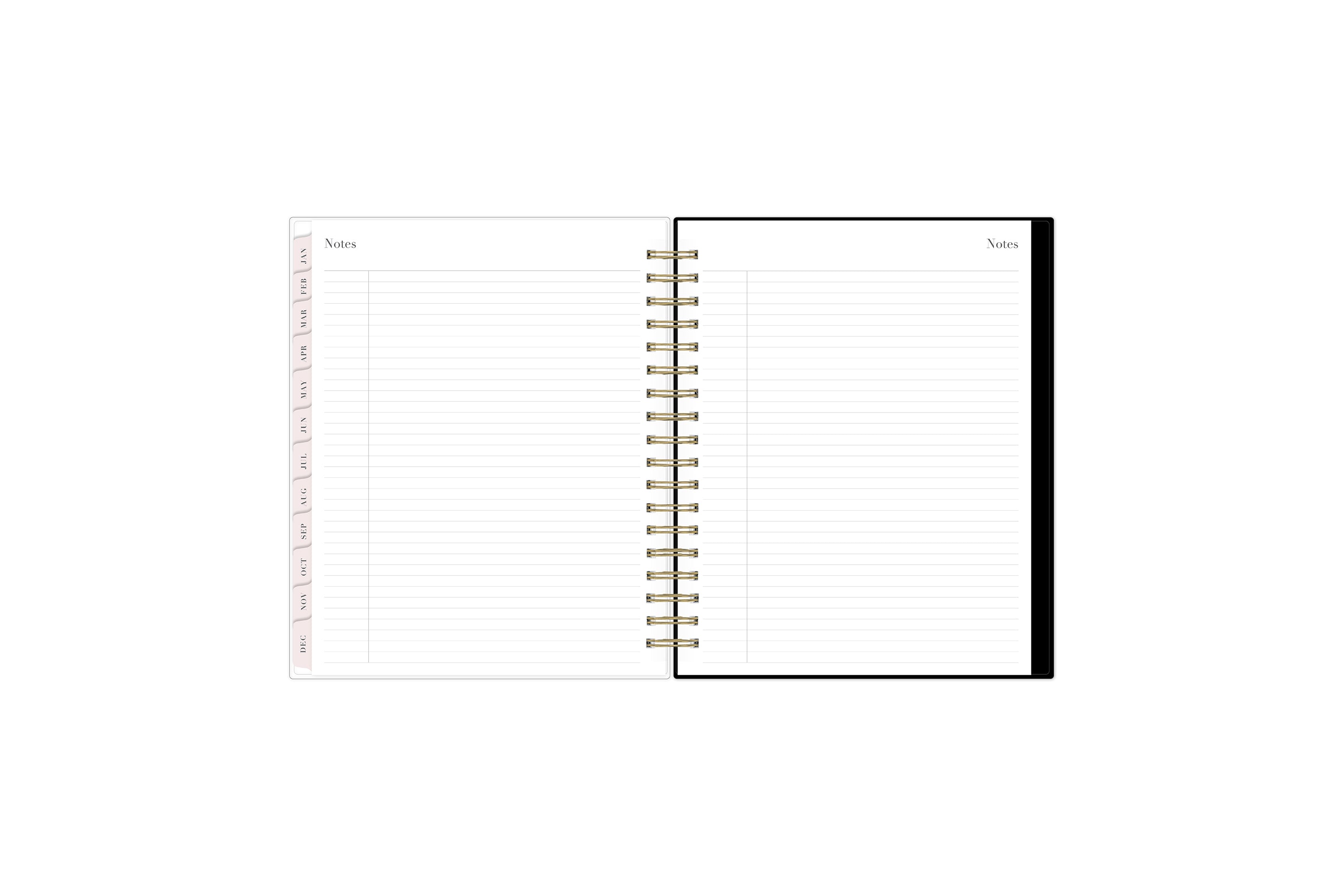 7x9 planner with monthly tabs and lined writing notes pages.