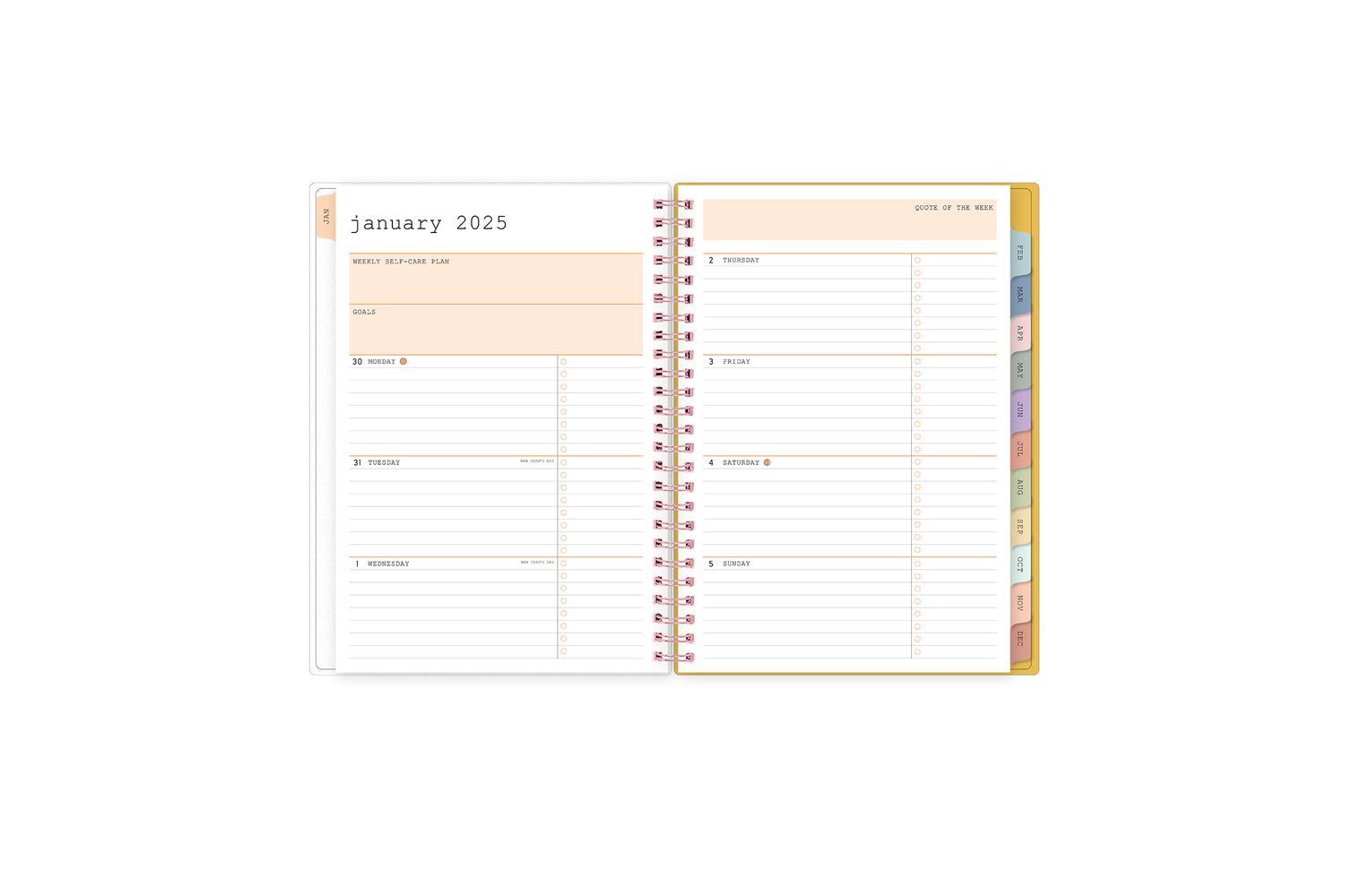 2025 planner featuring a weekly spread with lined writing space, bullet points, and monthly white tabs with gold text.
