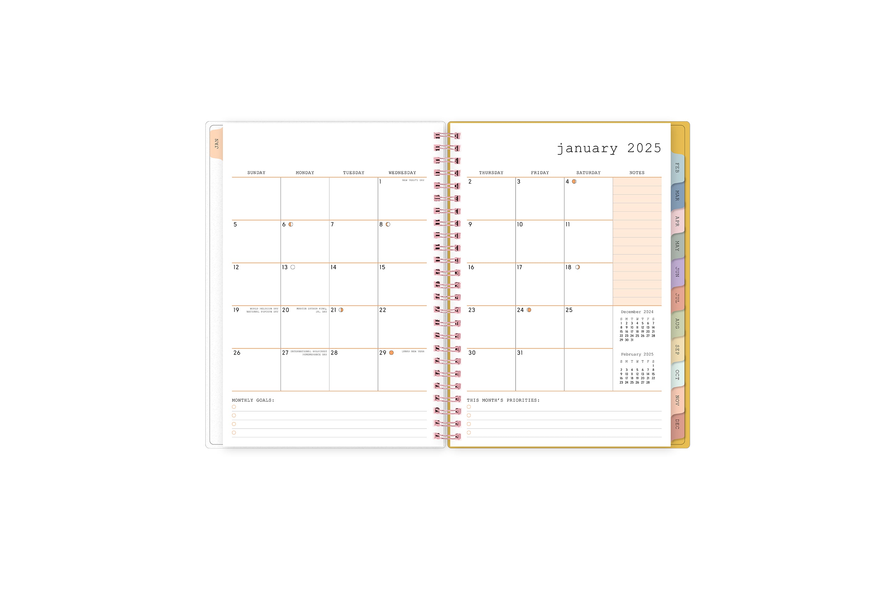 2025 planner featuring a monthly spread with lined writing space, bullet points, and monthly white tabs with gold text.
