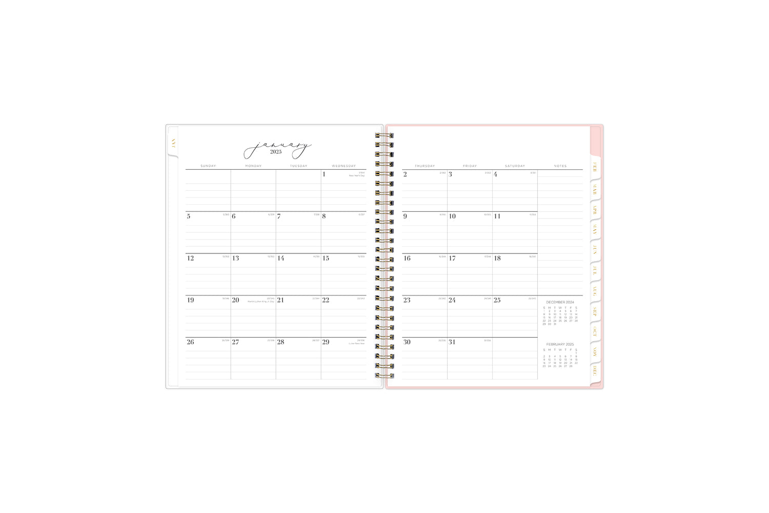 2025 planner featuring a monthly spread with lined writing space, bullet points, and monthly white tabs with gold text.
