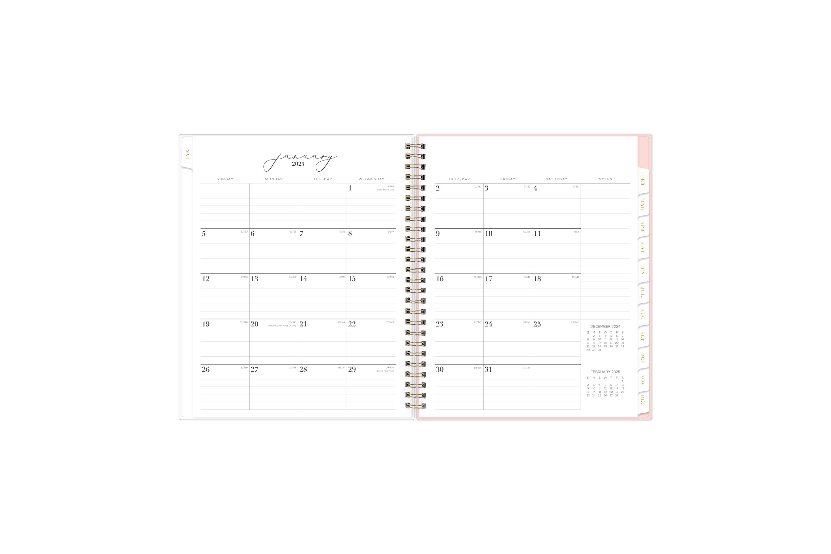 2025 planner featuring a monthly spread with lined writing space, bullet points, and monthly white tabs with gold text.
