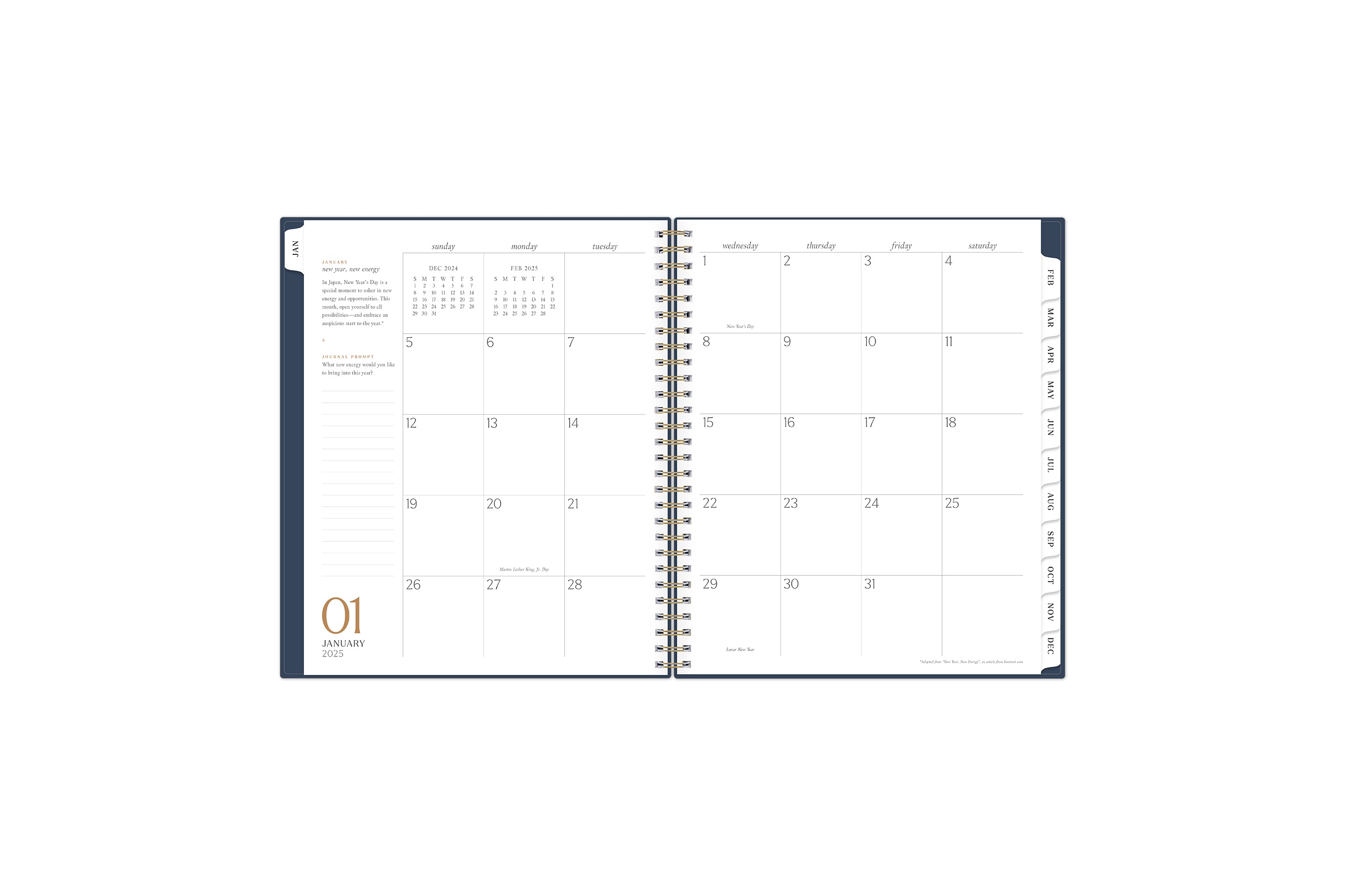 2025 planner featuring a monthly spread with lined writing space, and monthly white tabs with black text.
