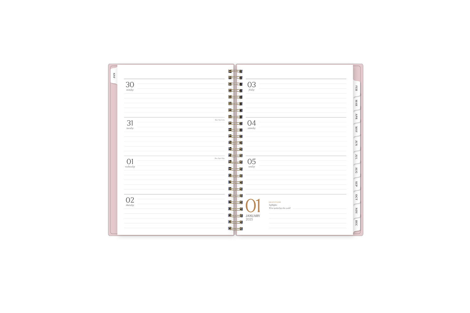 2025 planner featuring a weekly spread with lined writing space, bullet points, and monthly white tabs.
