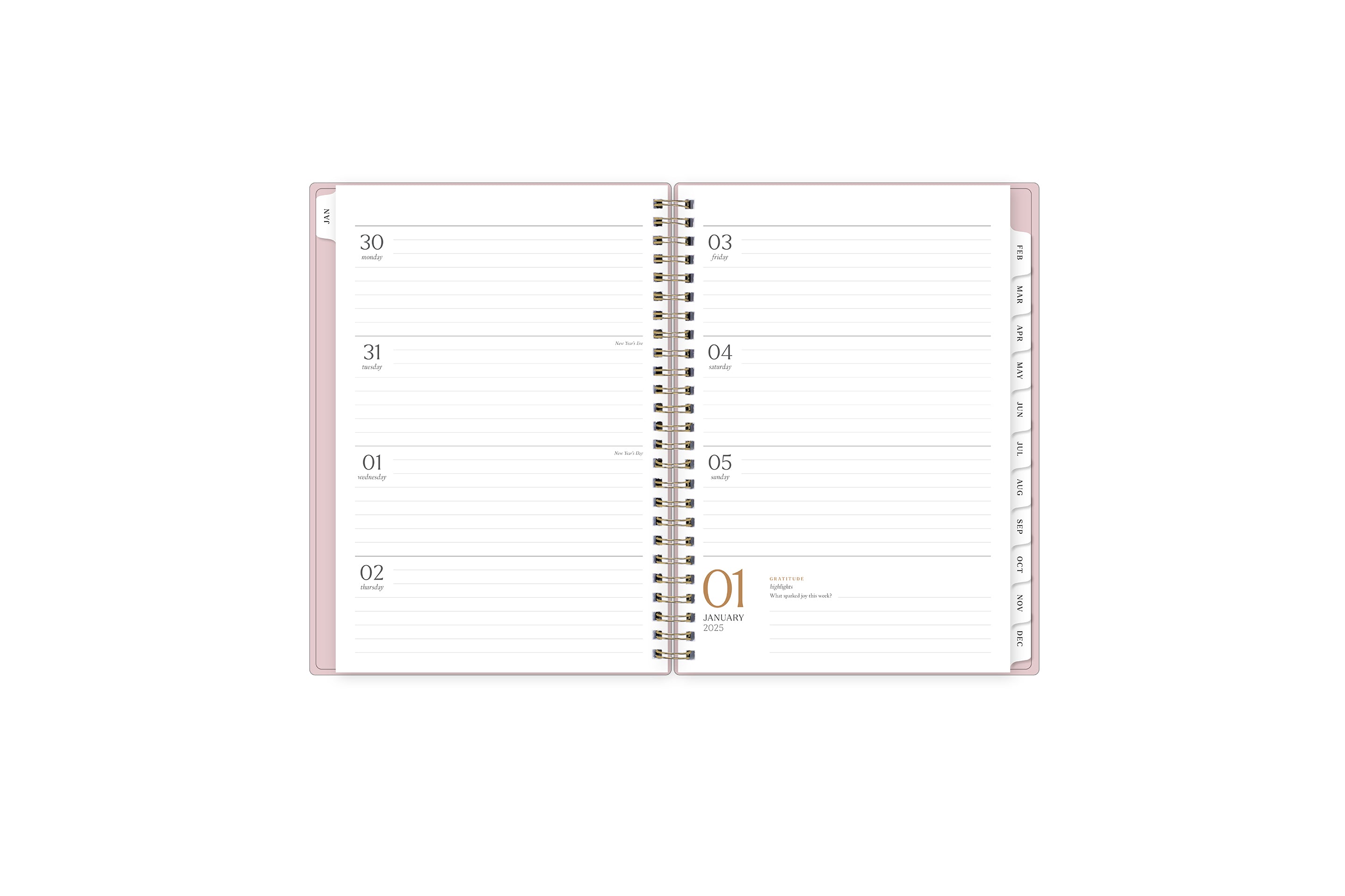 2025 planner featuring a weekly spread with lined writing space, bullet points, and monthly white tabs.
