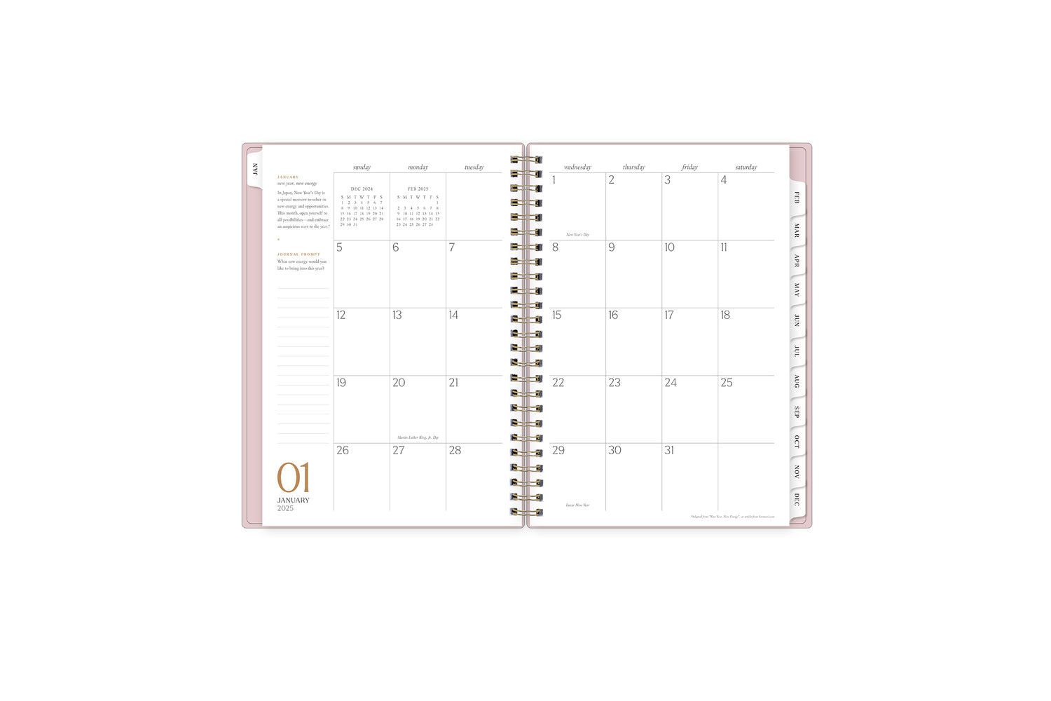 2025 planner featuring a monthly spread with lined writing space, bullet points, and monthly white tabs with black text.
