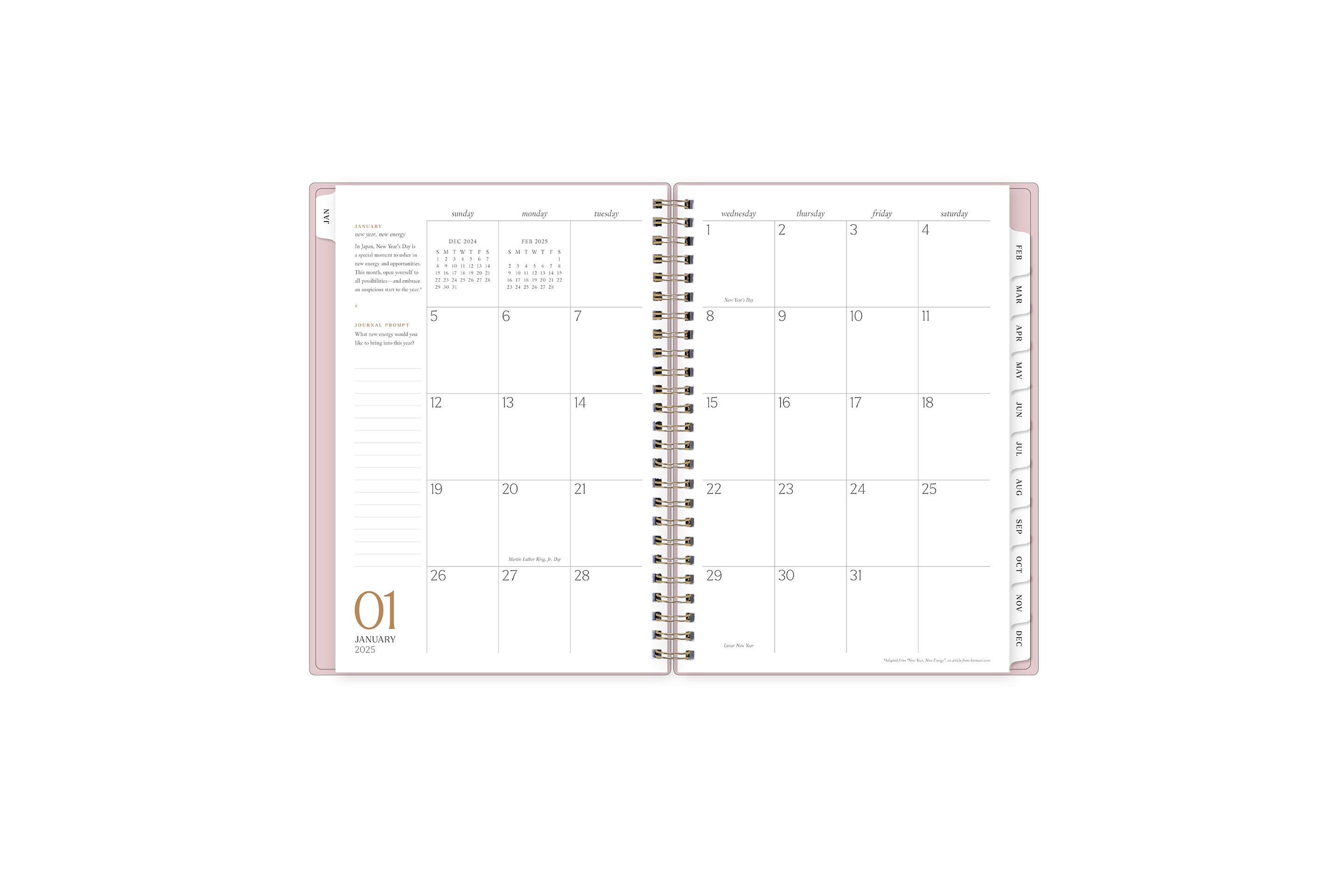 2025 planner featuring a monthly spread with lined writing space, bullet points, and monthly white tabs with black text.
