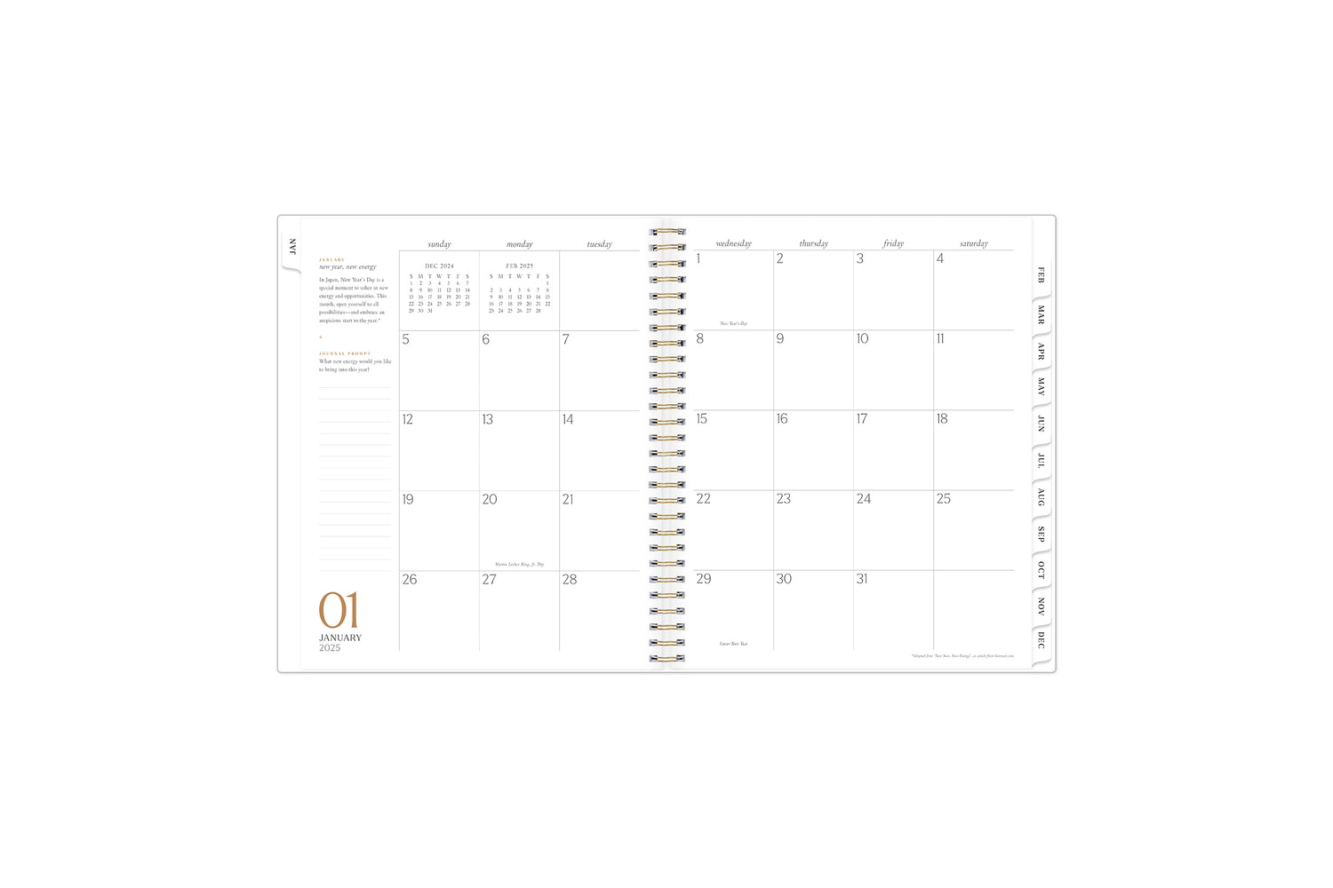 2025 planner featuring a monthly spread with lined writing space, bullet points, and monthly white tabs with black text.
