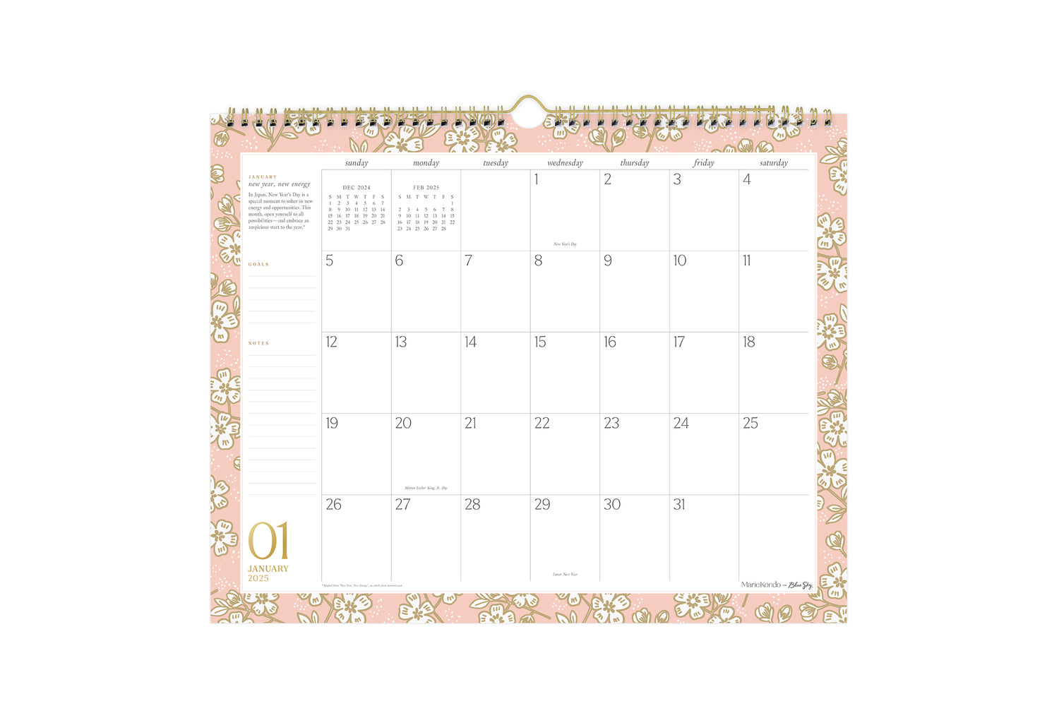 january 2025 - december 2025 wall calendar in 15x12 size with floral border