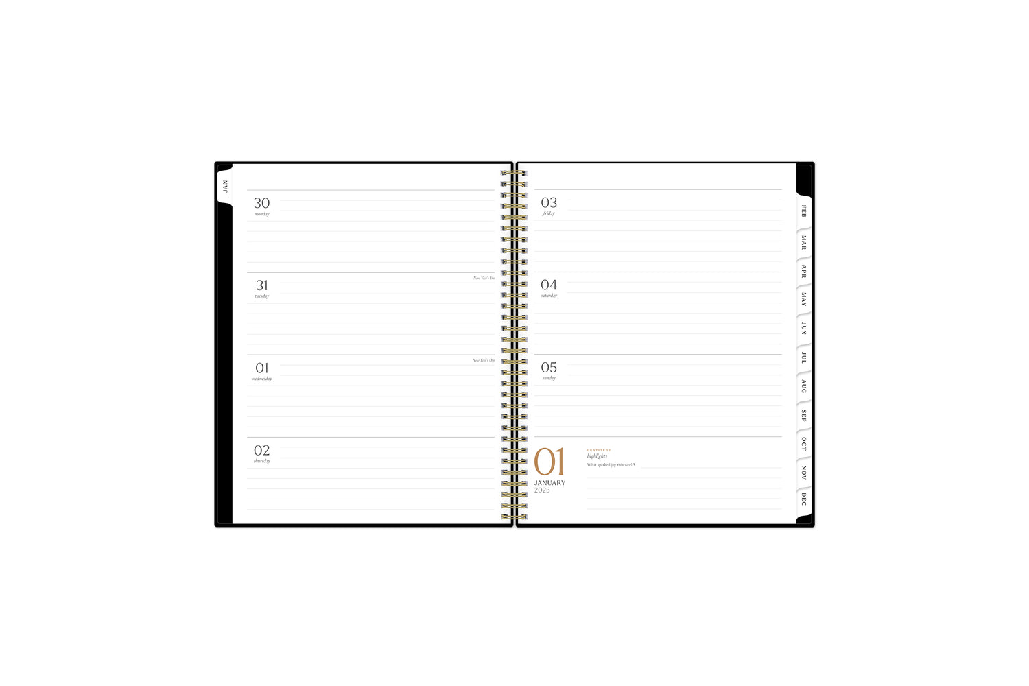 2025 planner featuring a weekly spread with lined writing space, space for bullet points, and monthly white tabs with black text.
