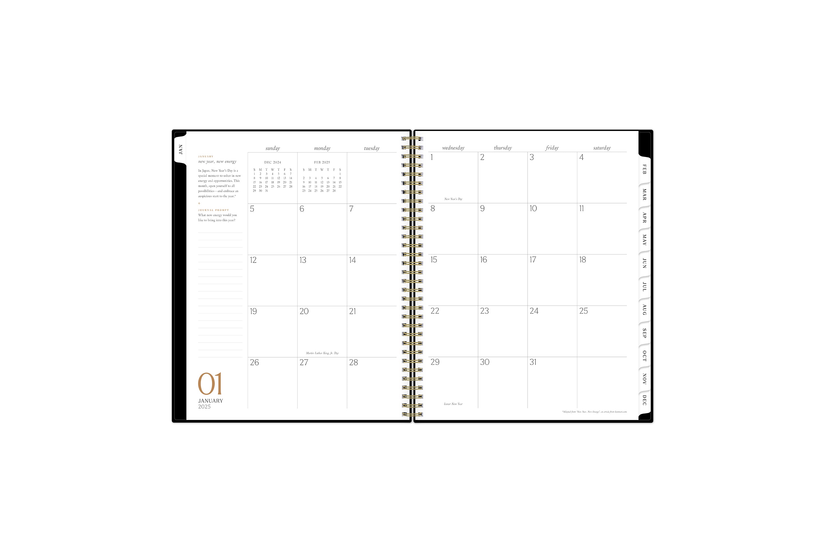 2025 planner featuring a monthly spread with lined writing space, space for bullet points, and monthly white tabs with black text.
