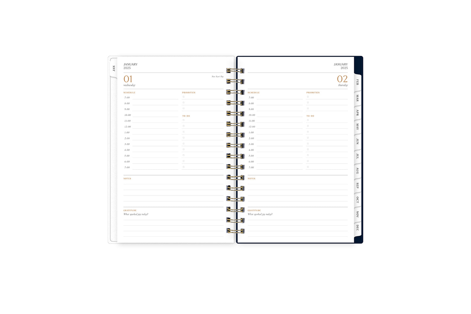 2025 daily spread featuring time slots, 1 hour increments, bullet points, and lined writing space.