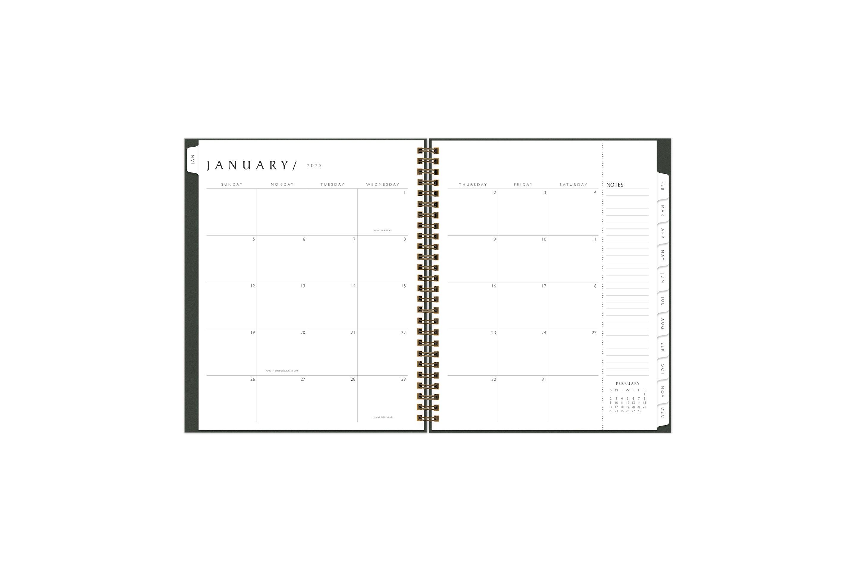 2025 planner featuring a weekly spread with dotted lined/blank writing space, and monthly white tabs
