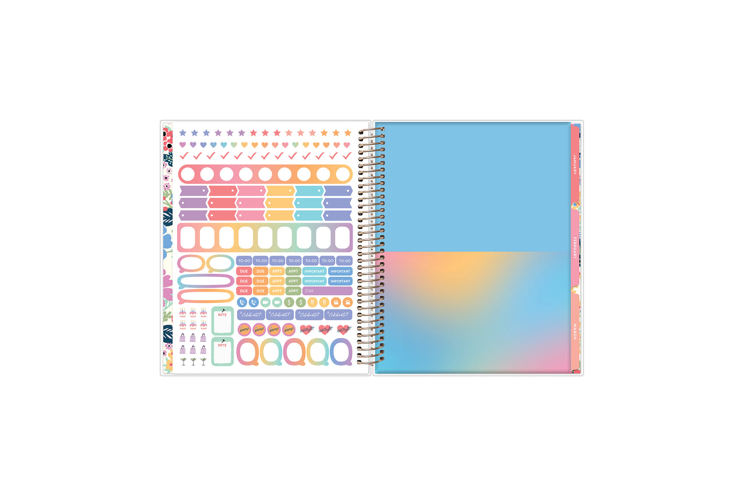 7x9 planner features a sticker sheet, double sided pocket, and monthly tabs