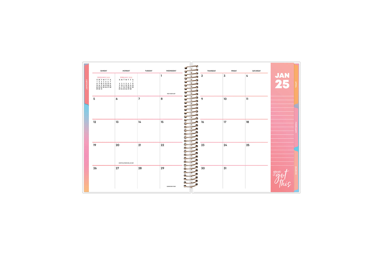 January 2025 monthly spread on this 7x9 livewell planner featuring boxes for each day, lined writing space, and reference calendars