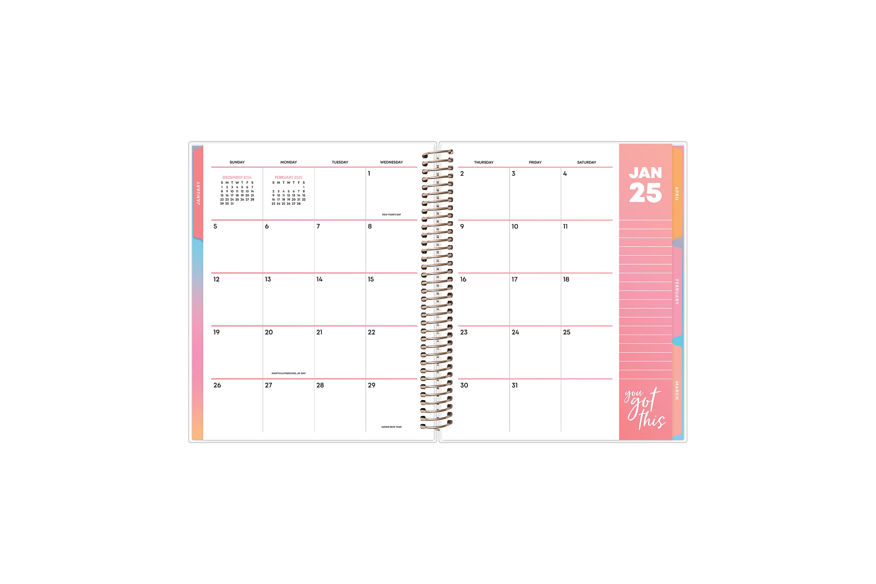 January 2025 monthly spread on this 7x9 livewell planner featuring boxes for each day, lined writing space, and reference calendars