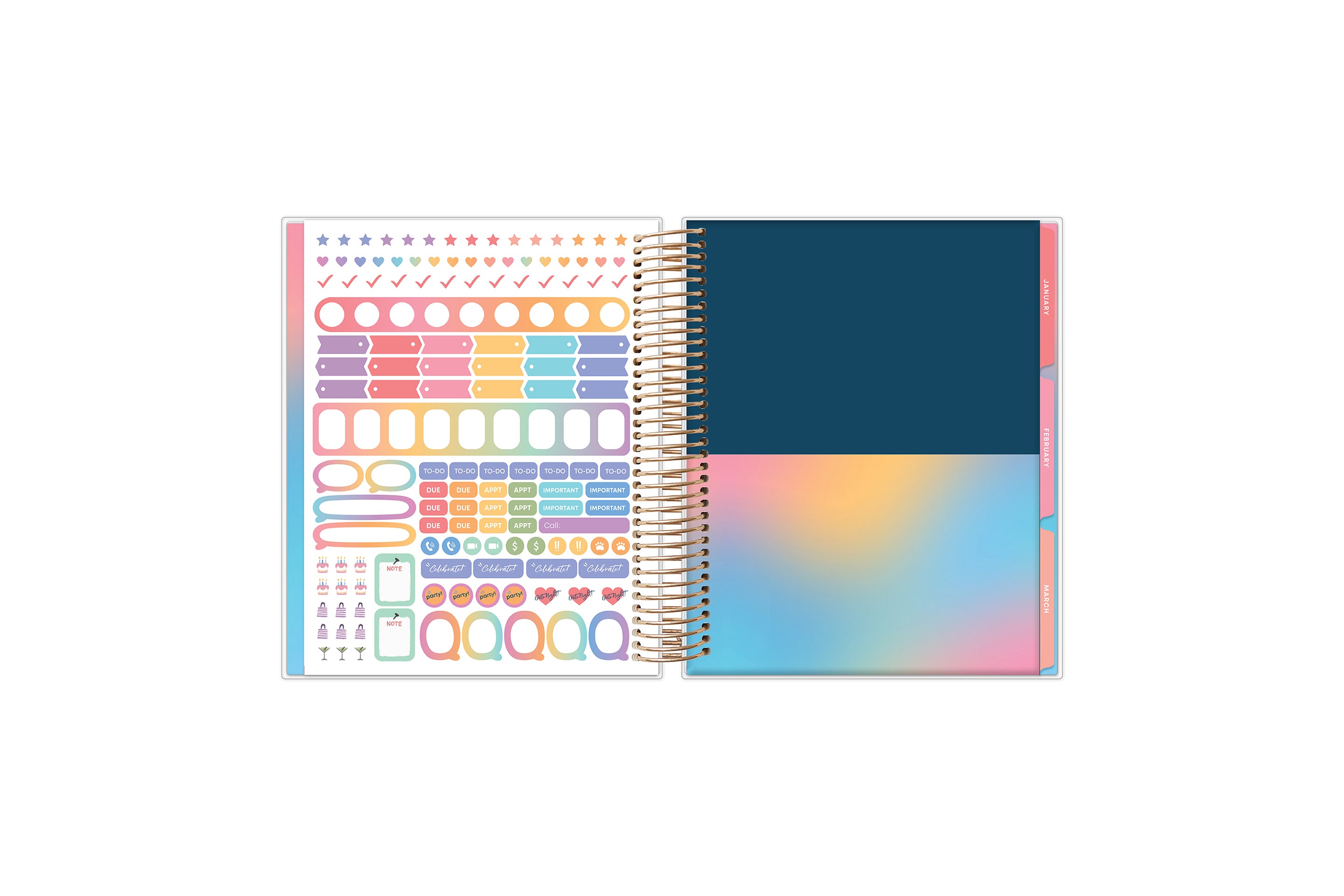 7x9 planner features a sticker sheet, double sided pocket, and monthly tabs