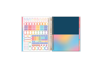 7x9 planner features a sticker sheet, double sided pocket, and monthly tabs