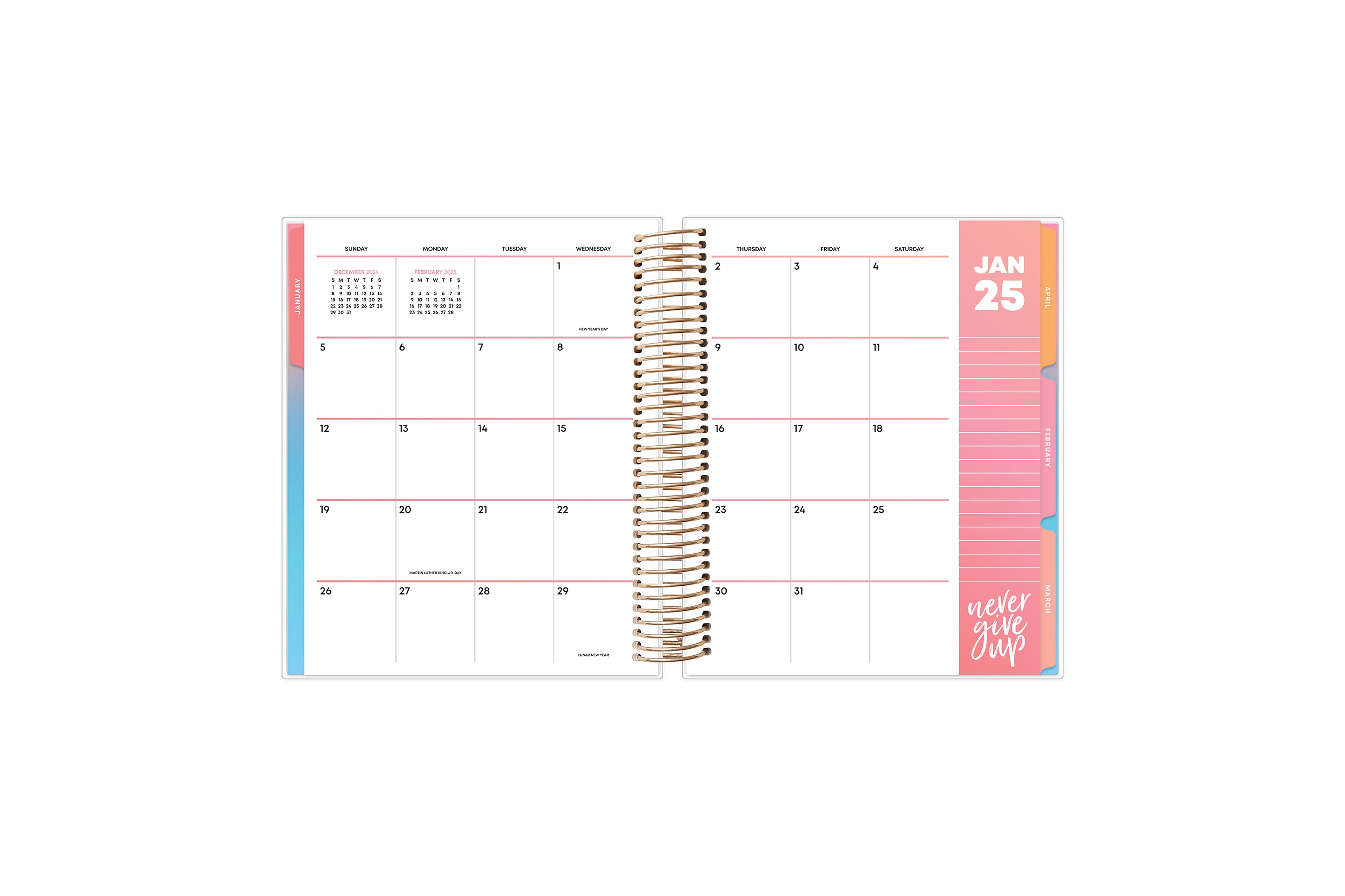 January 2025 monthly spread on this 7x9 livewell planner featuring boxes for each day, lined writing space, and reference calendars