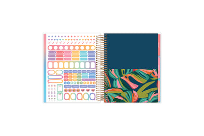 7x9 planner features a sticker sheet, double sided pocket, and monthly tabs