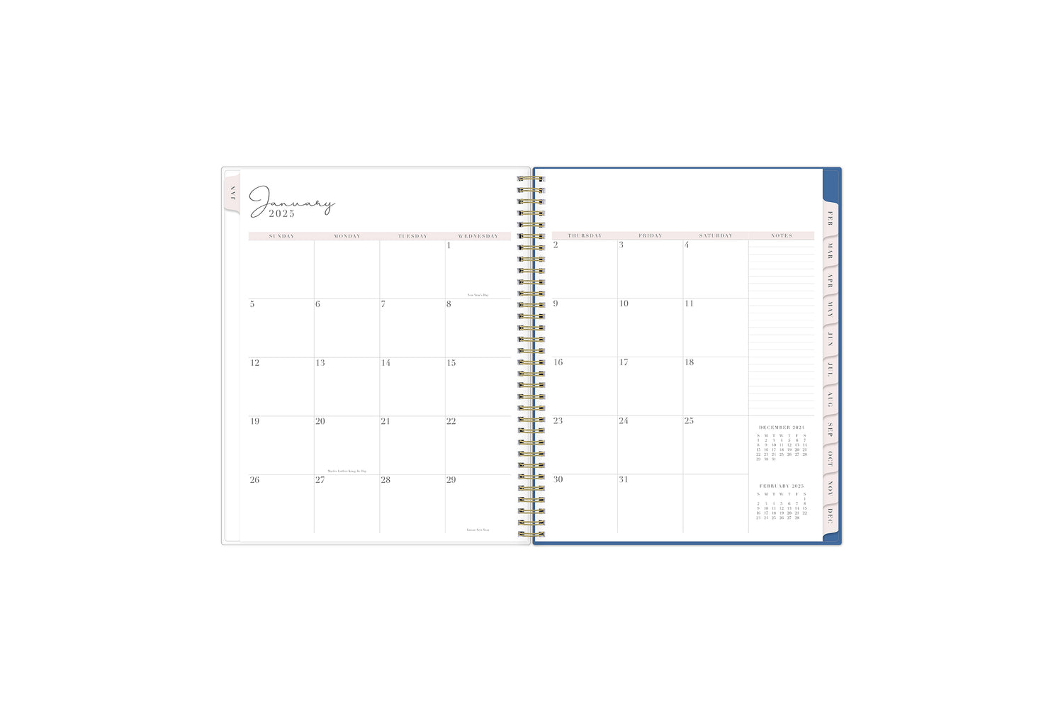 The 2025 Rach Parcell planner features a monthly view with ample blank white writing space, reference calendars, notes section, and soft pink monthly tabs.