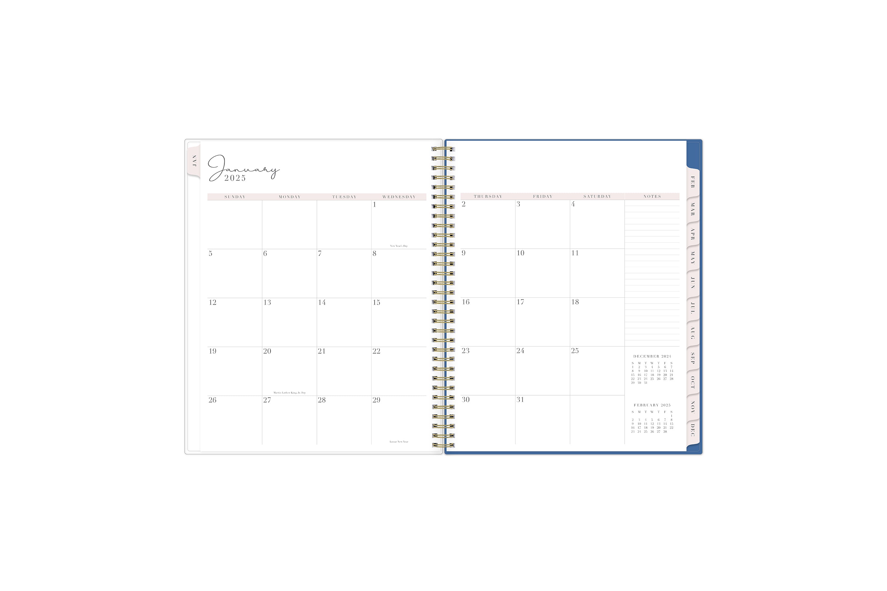 The 2025 Rach Parcell planner features a monthly view with ample blank white writing space, reference calendars, notes section, and soft pink monthly tabs.