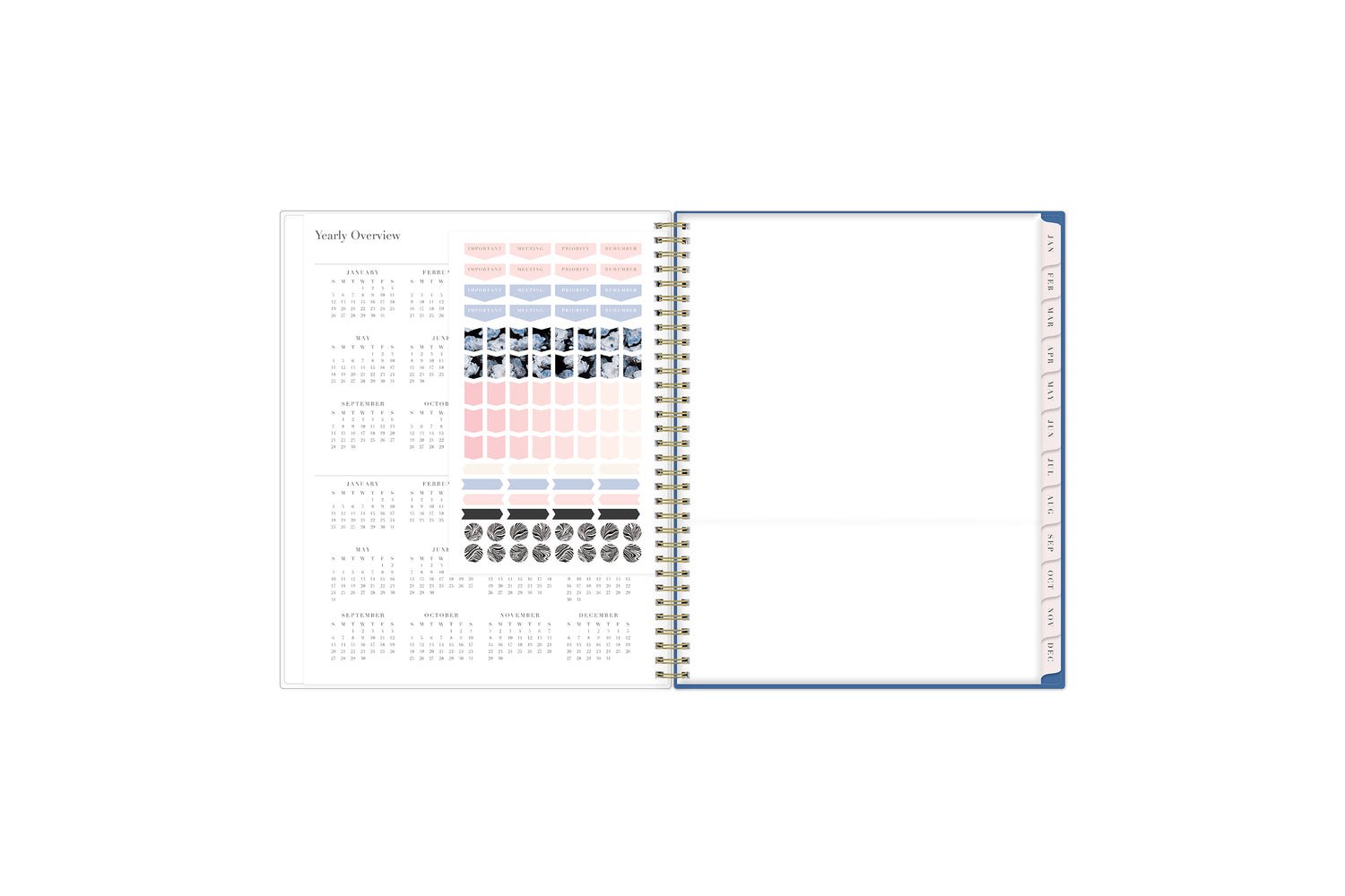 sticker sheet, reference calendar, and storage pocket on 8.5x11 planner