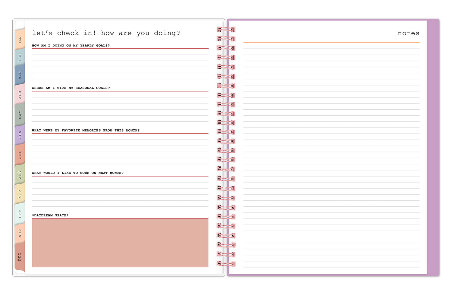 self-care check in spreadsheet and notes pages