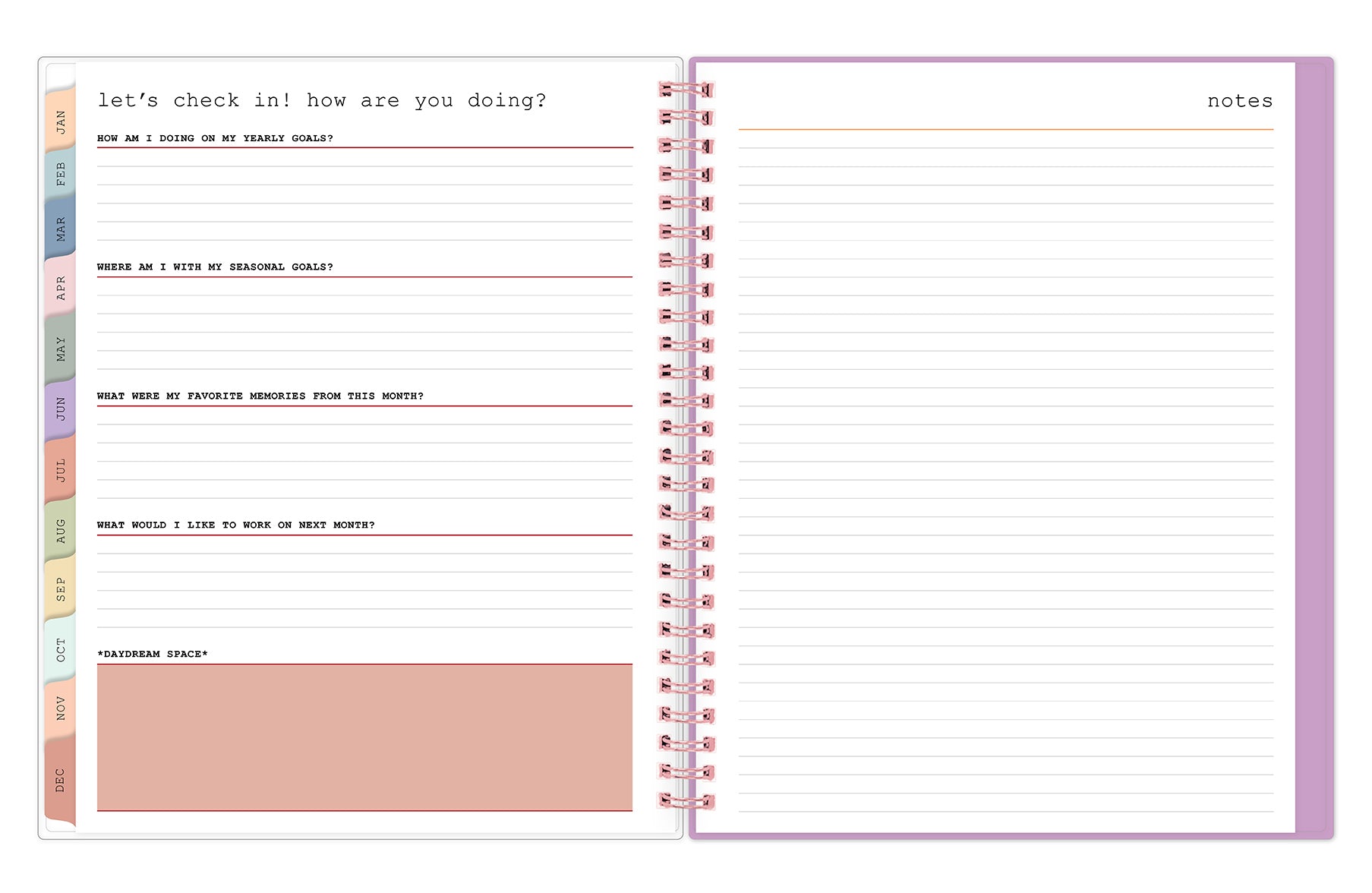 self-care check in spreadsheet and notes pages